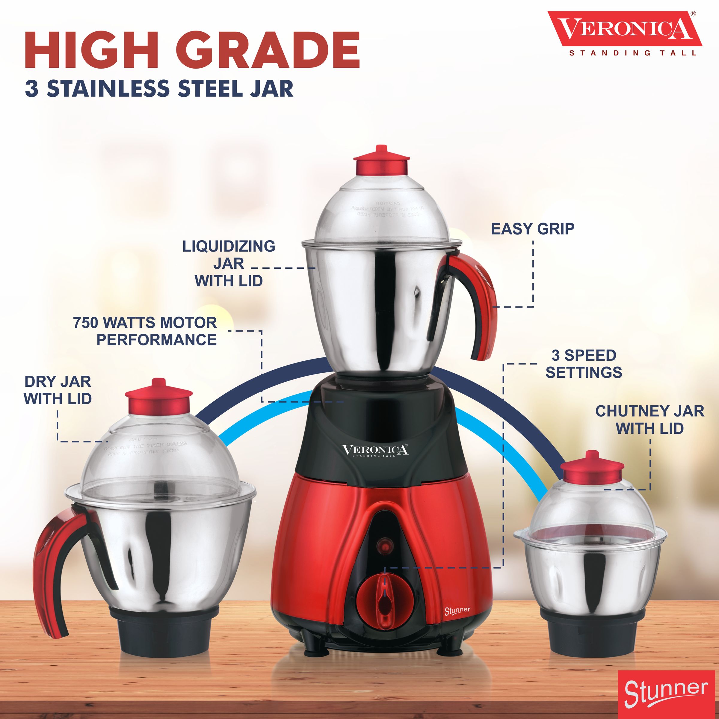 Veronica Stunner 750 Watt 3 Jars Mixer Grinder (18000 RPM, 3 Speed Settings, Red and Black)_3