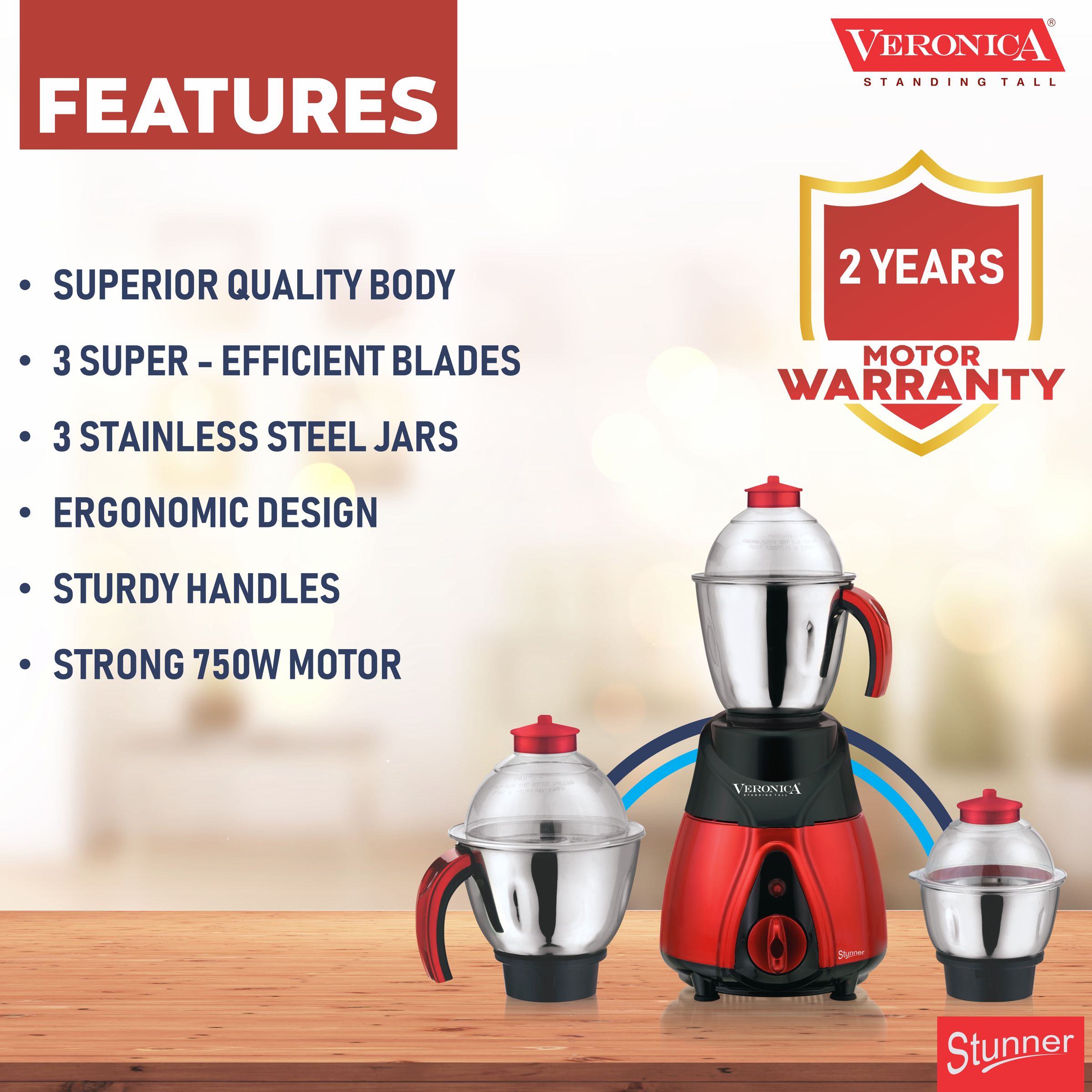 Veronica Stunner 750 Watt 3 Jars Mixer Grinder (18000 RPM, 3 Speed Settings, Red and Black)_4