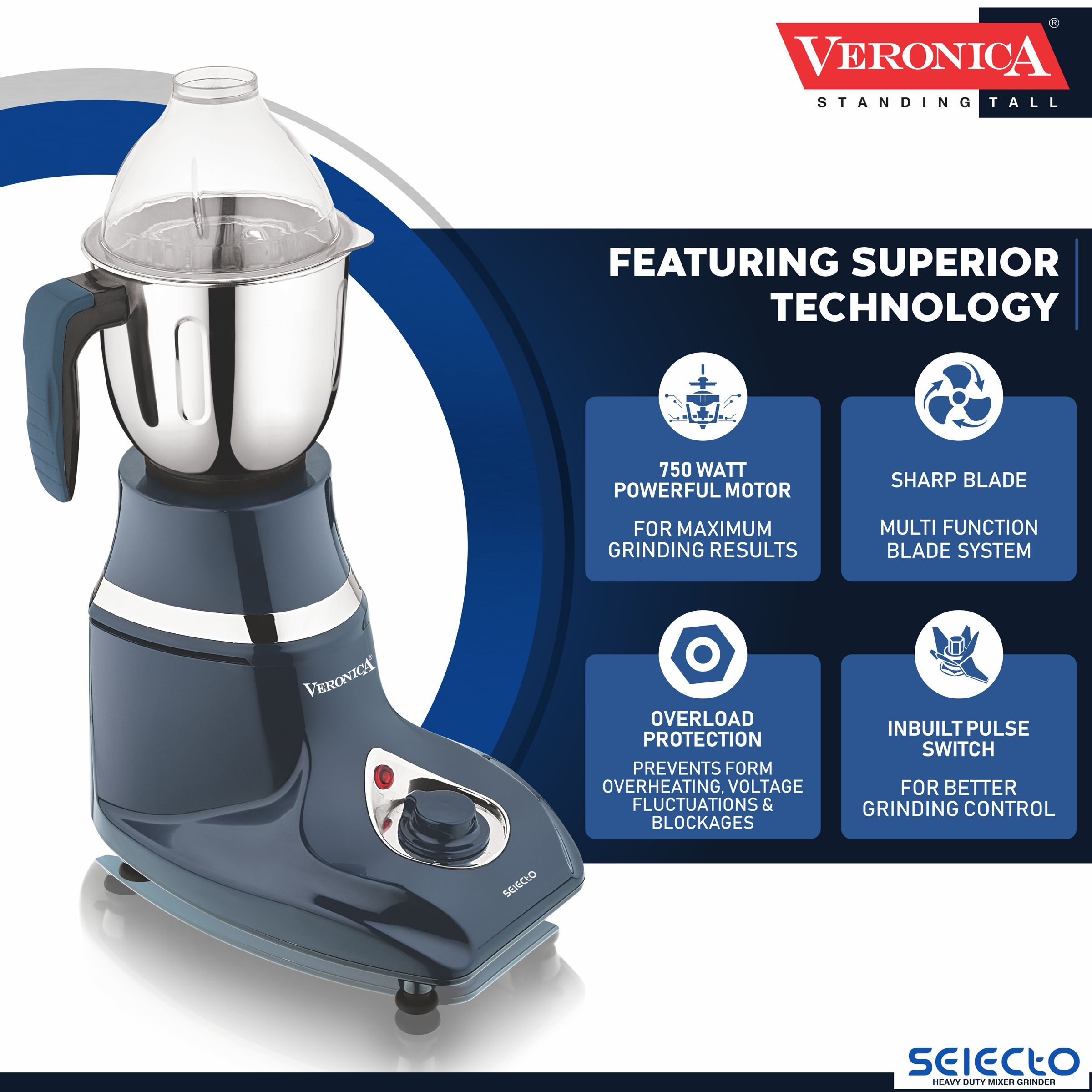 Veronica Selecto 746 Watt 3 Jars Mixer Grinder (18000 RPM, Overload Protection, Indigo) Veronica Selecto 746 Watt 3 Jars Mixer Grinder (18000 RPM, Overload Protection, Indigo)_4