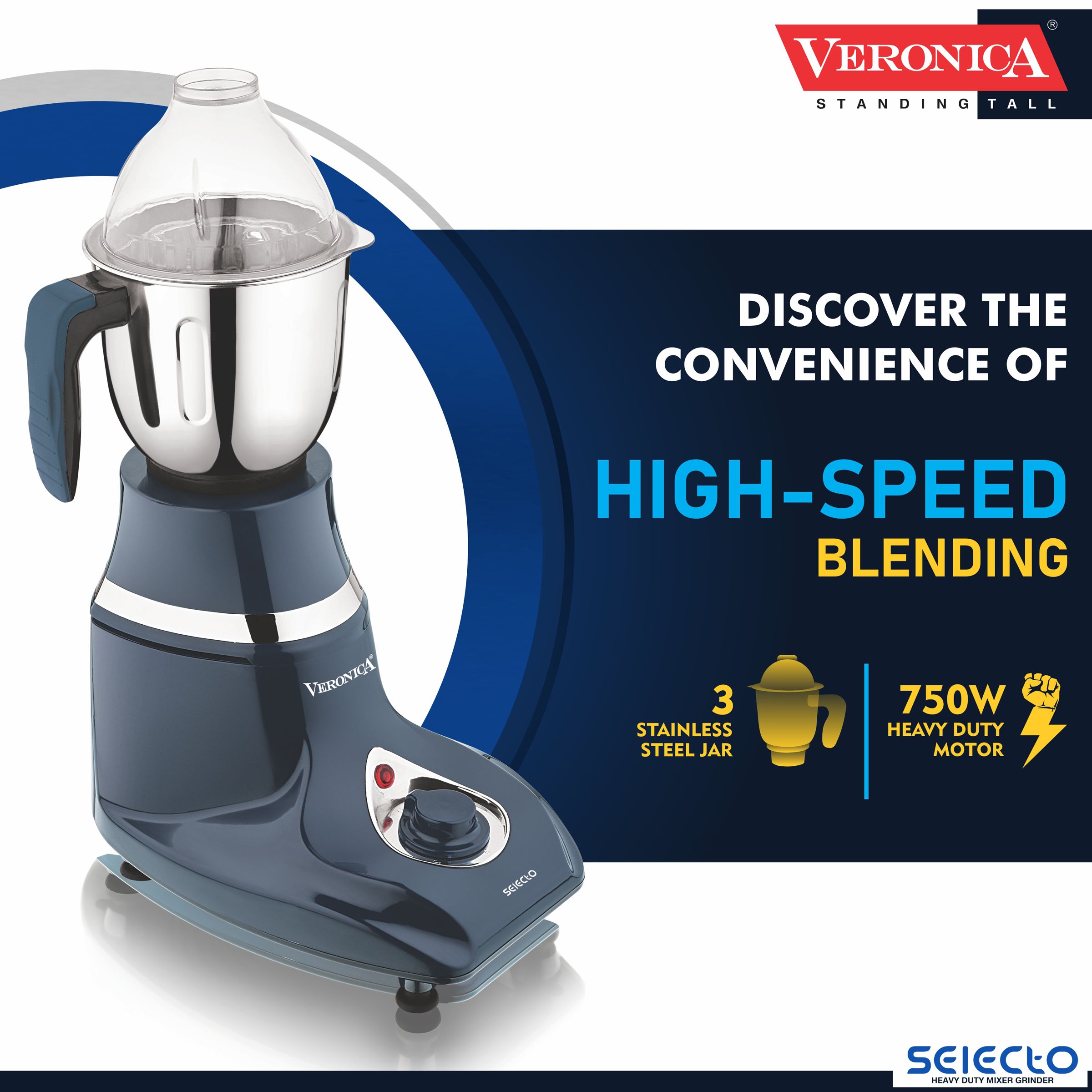 Veronica Selecto 746 Watt 3 Jars Mixer Grinder (18000 RPM, Overload Protection, Indigo) Veronica Selecto 746 Watt 3 Jars Mixer Grinder (18000 RPM, Overload Protection, Indigo)_5