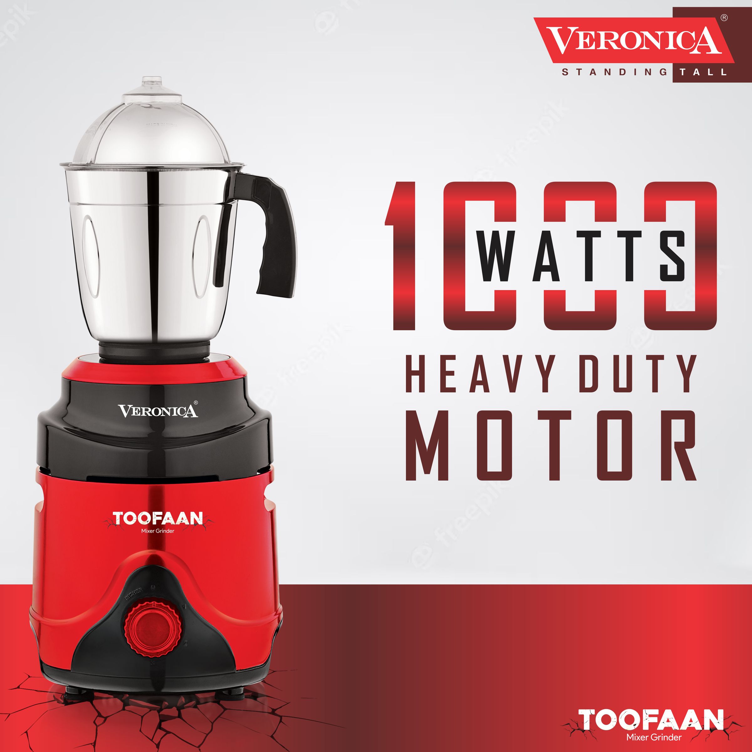 Veronica Toofan 1000 Watt 3 Jars Mixer Grinder (18000 RPM, 3 Speed Settings, Red and Black)_2