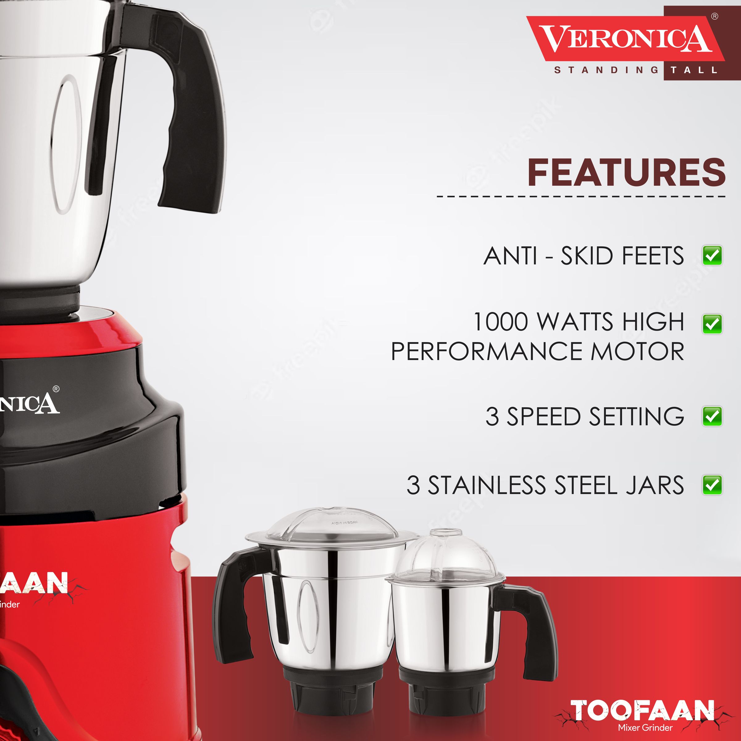 Veronica Toofan 1000 Watt 3 Jars Mixer Grinder (18000 RPM, 3 Speed Settings, Red and Black)_5