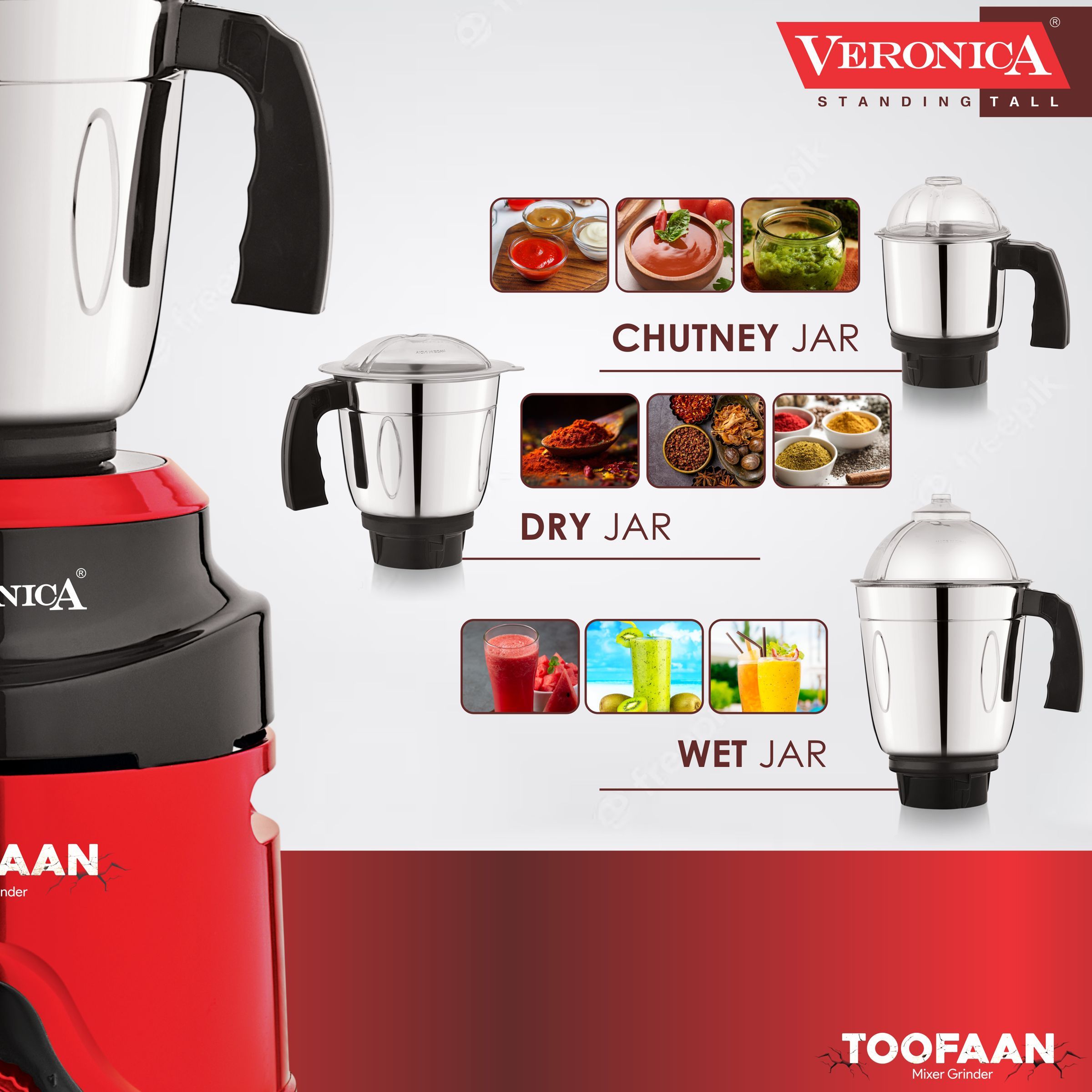 Veronica Toofan 1000 Watt 3 Jars Mixer Grinder (18000 RPM, 3 Speed Settings, Red and Black)_6