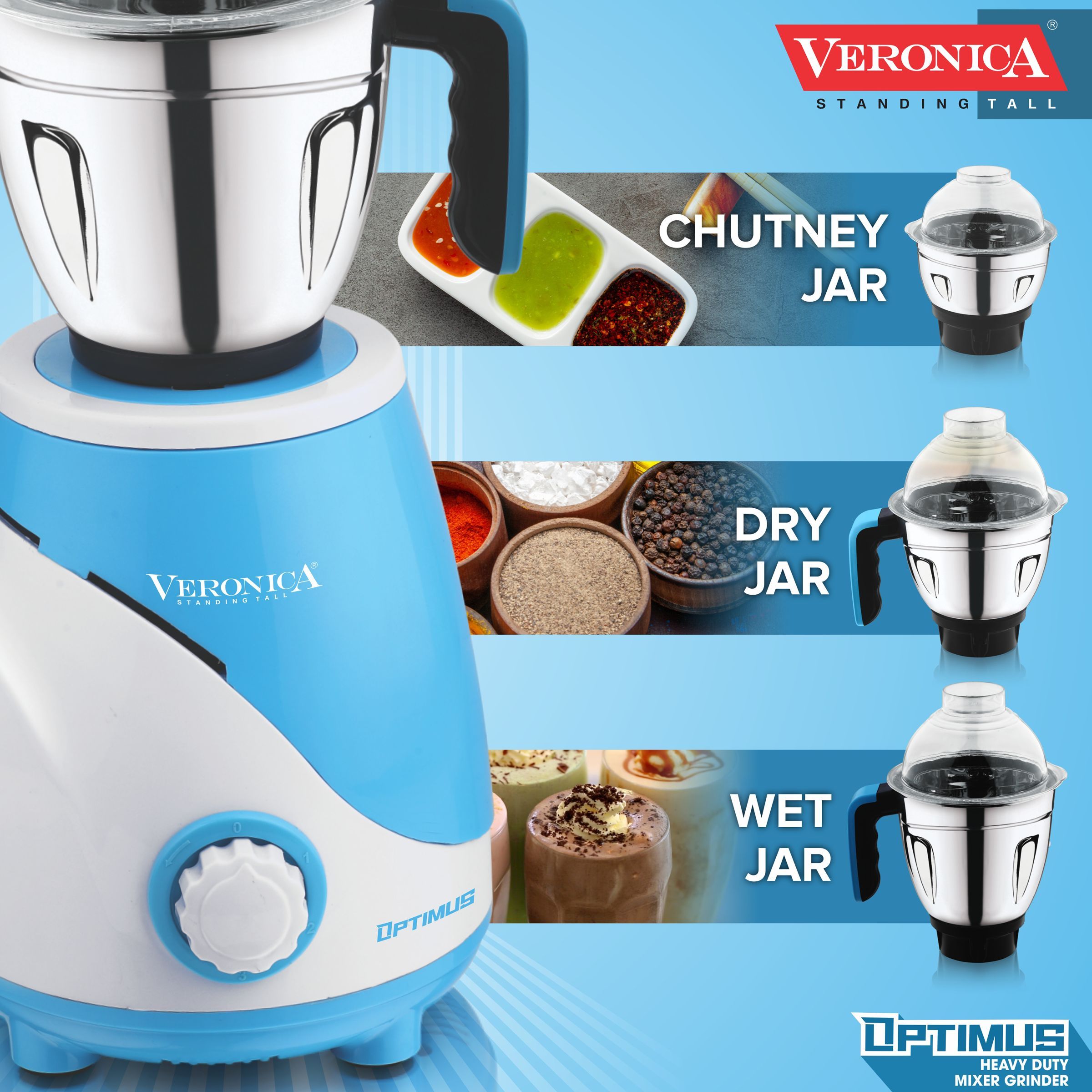 Veronica Optimus 1000 Watt 3 Jars Mixer Grinder (18000 RPM, 3 Speed Settings, Blue and White)_6