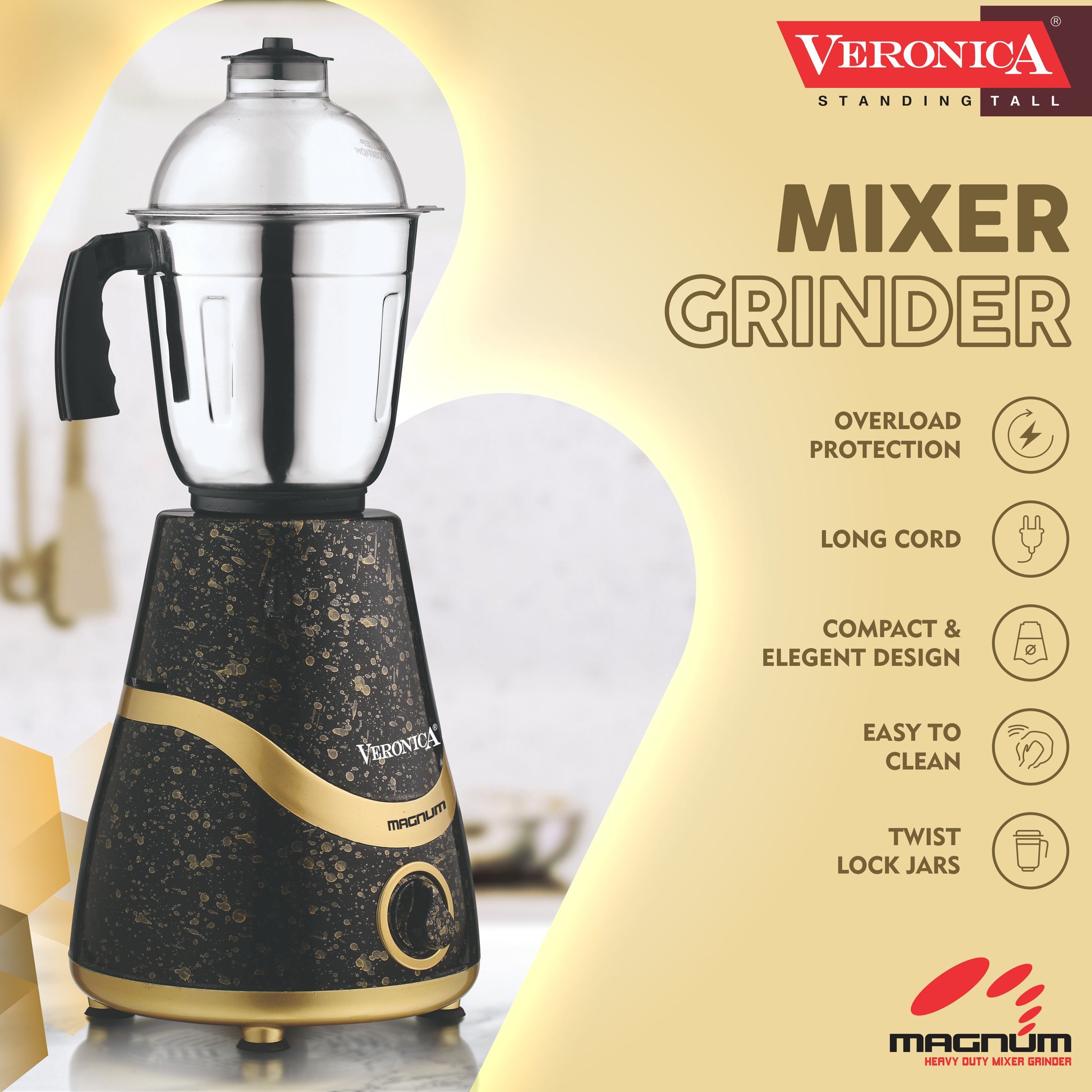 Veronica Magnum 750 Watt 3 Jars Mixer Grinder (18000 RPM, 3 Speed Settings, Black and Gold)_3