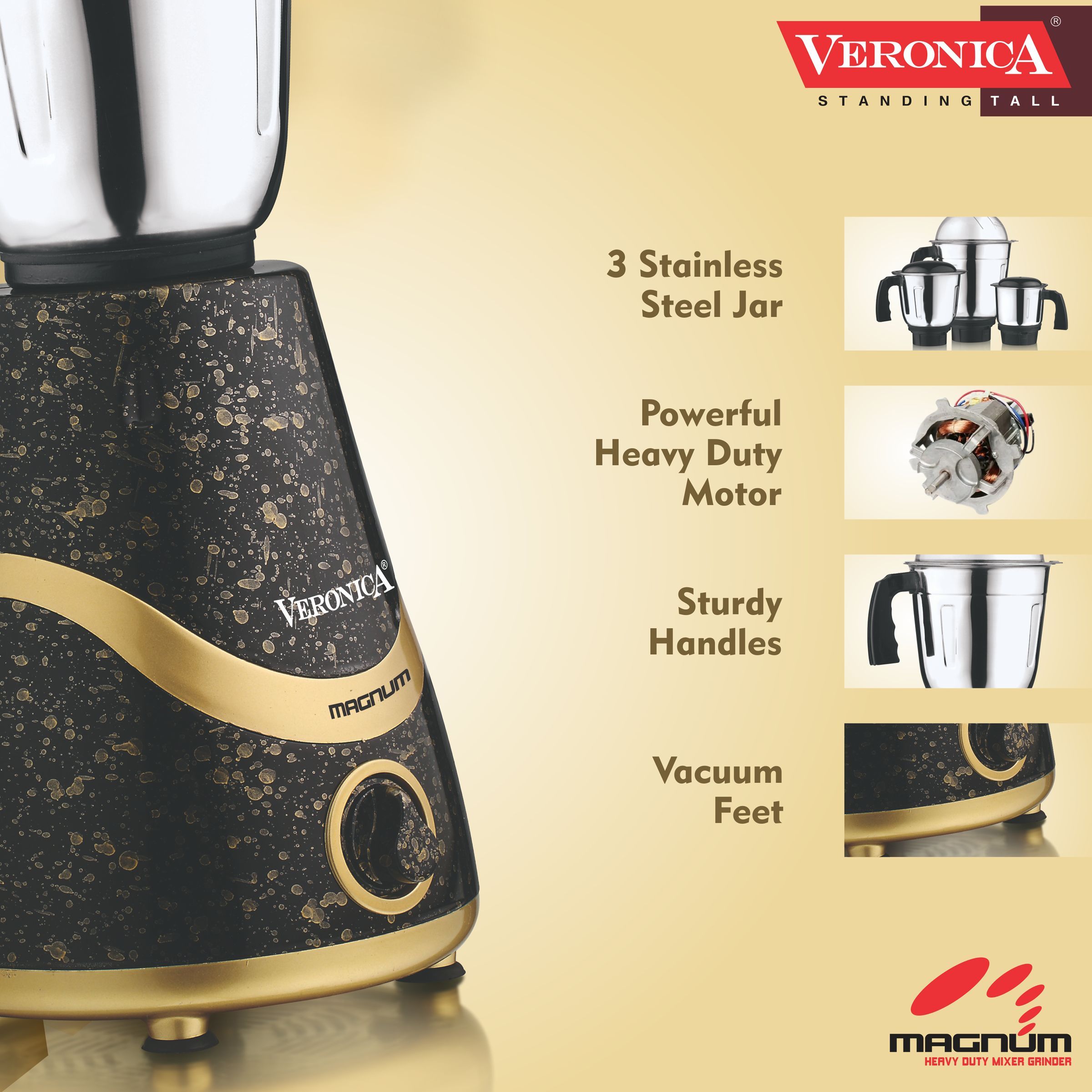 Veronica Magnum 750 Watt 3 Jars Mixer Grinder (18000 RPM, 3 Speed Settings, Black and Gold)_4