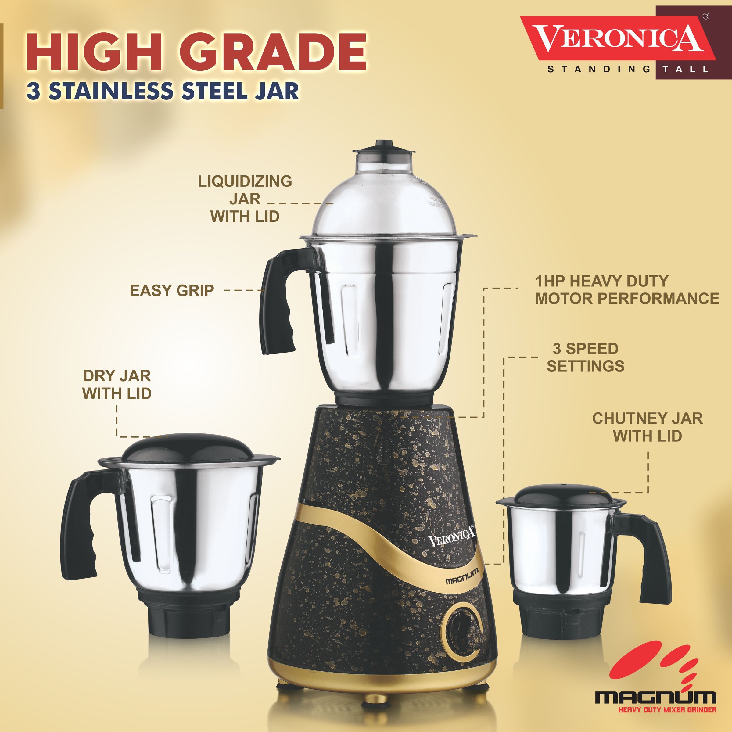 Veronica Magnum 750 Watt 3 Jars Mixer Grinder (18000 RPM, 3 Speed Settings, Black and Gold)_6