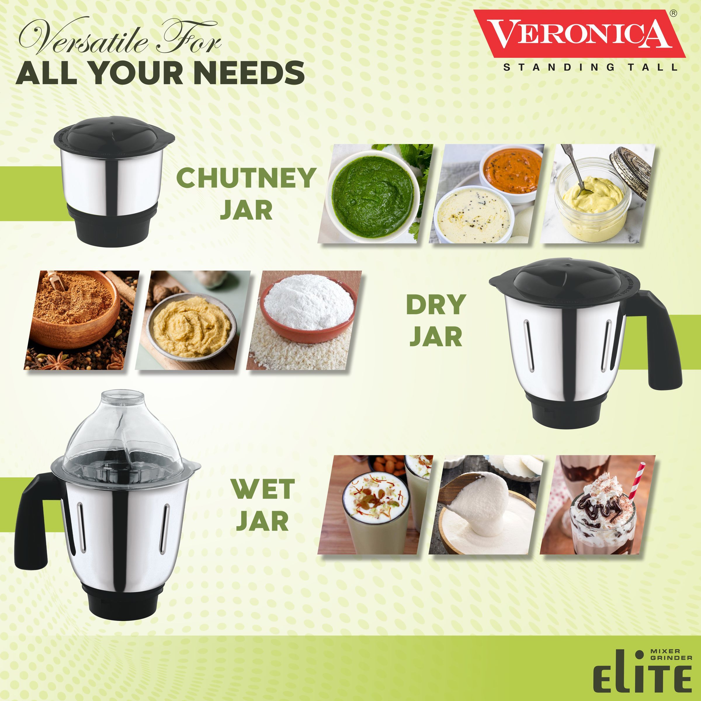 Veronica Elite 600 Watt 3 Jars Mixer Grinder (18000 RPM, Polycarbonate Lid, Green) Veronica Elite 600 Watt 3 Jars Mixer Grinder (18000 RPM, Polycarbonate Lid, Green)_3