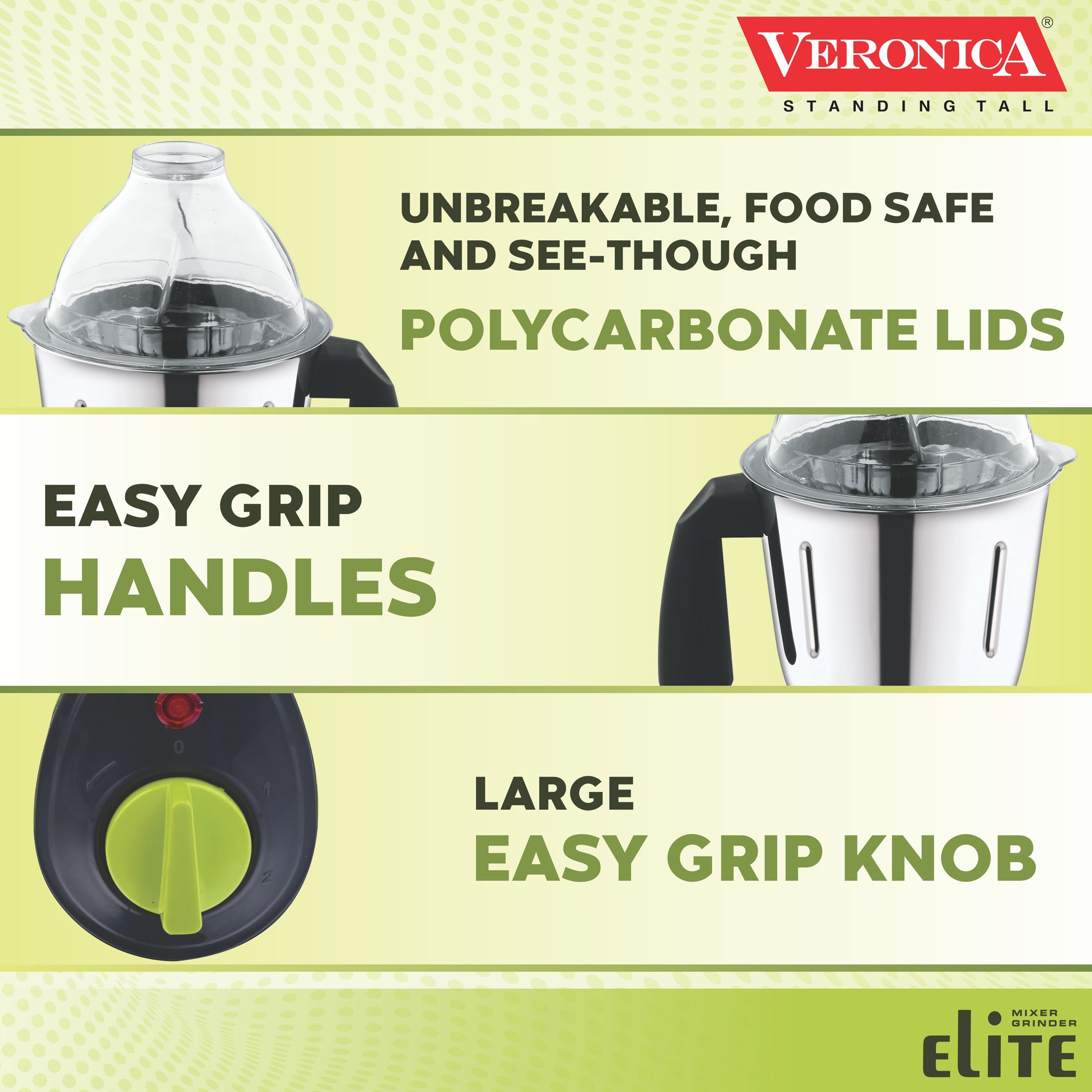Veronica Elite 600 Watt 3 Jars Mixer Grinder (18000 RPM, Polycarbonate Lid, Green) Veronica Elite 600 Watt 3 Jars Mixer Grinder (18000 RPM, Polycarbonate Lid, Green)_4