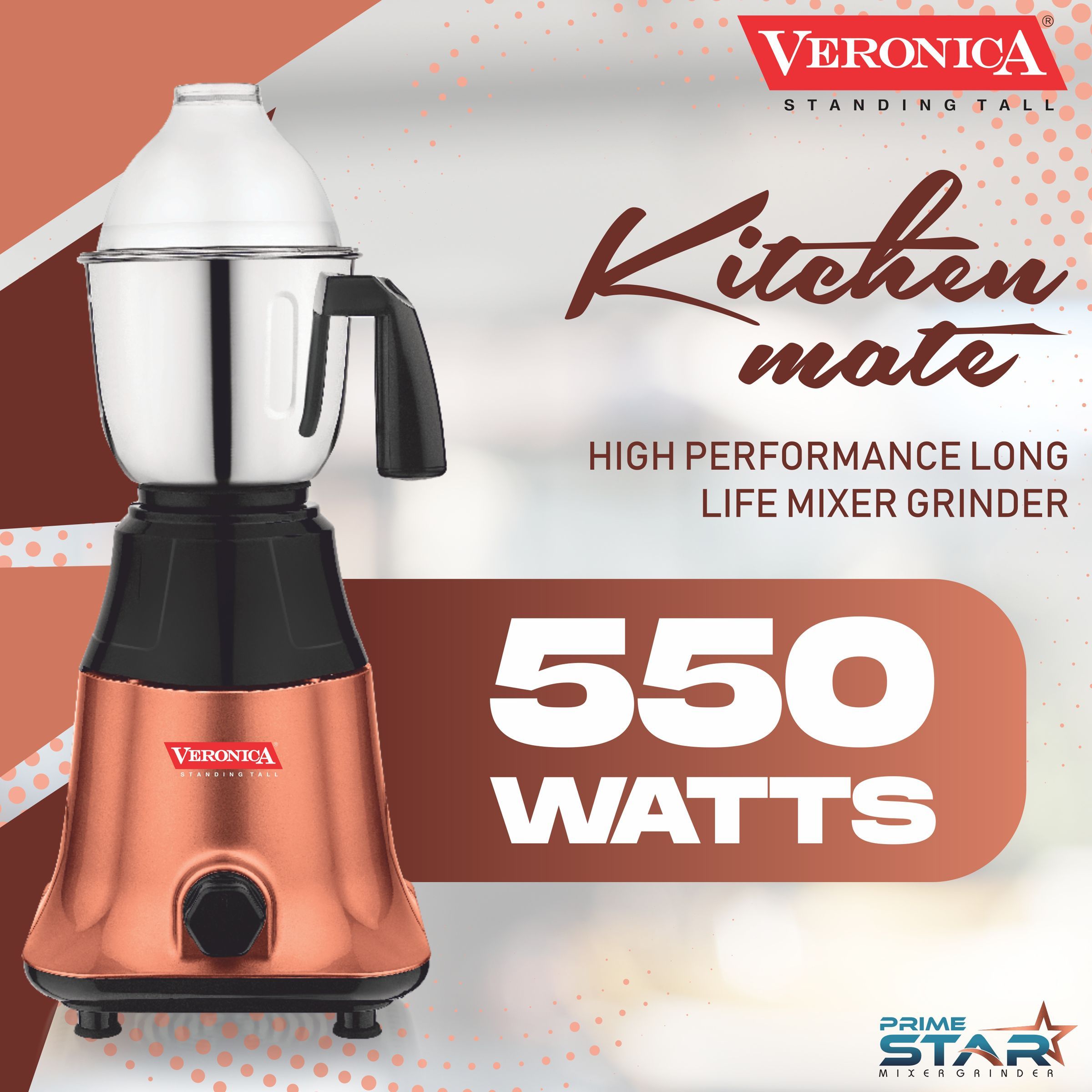 Veronica Prime Star 550 Watt 3 Jars Mixer Grinder (18000 RPM, Motor Overload Protection, Copper Black)_2