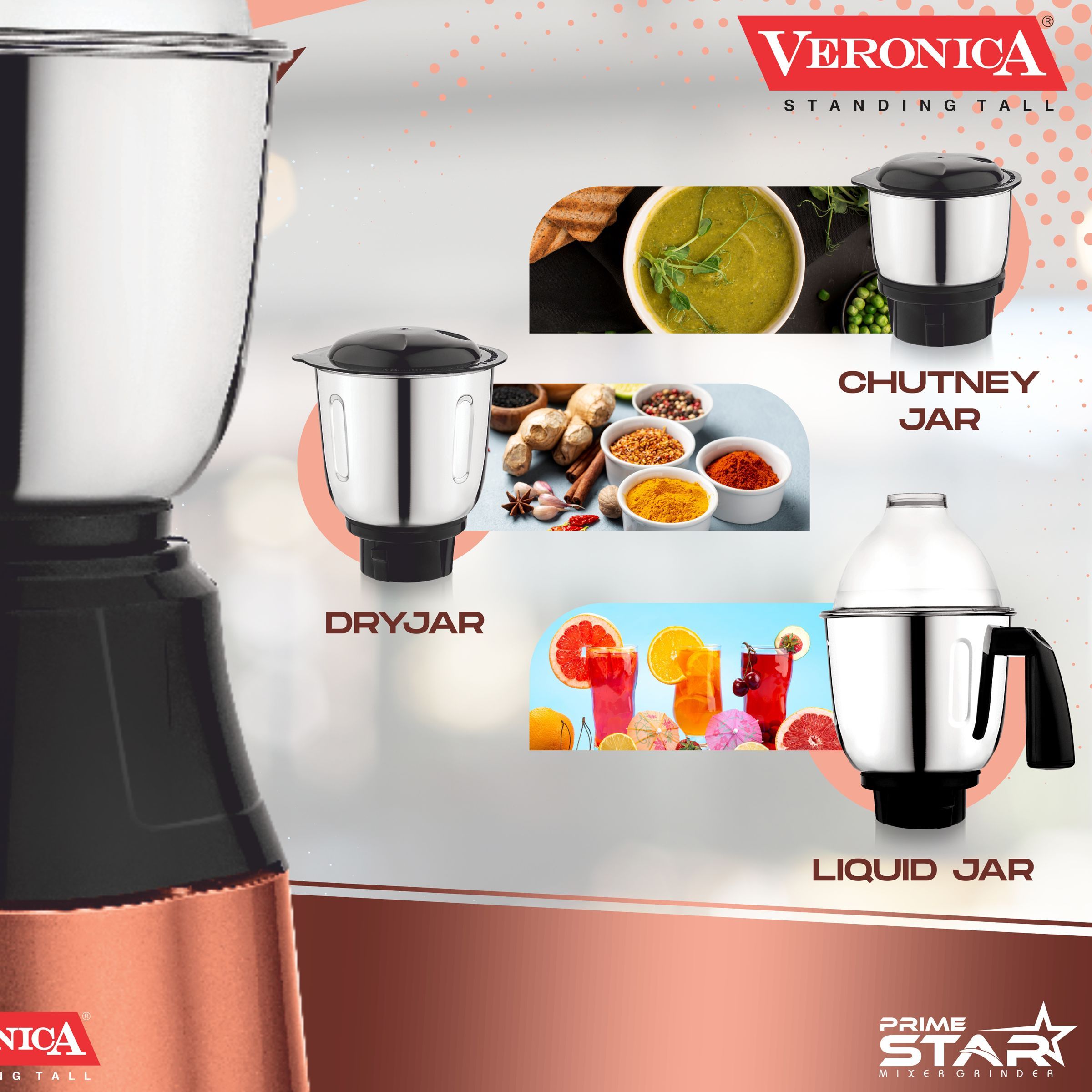 Veronica Prime Star 550 Watt 3 Jars Mixer Grinder (18000 RPM, Motor Overload Protection, Copper Black)_3