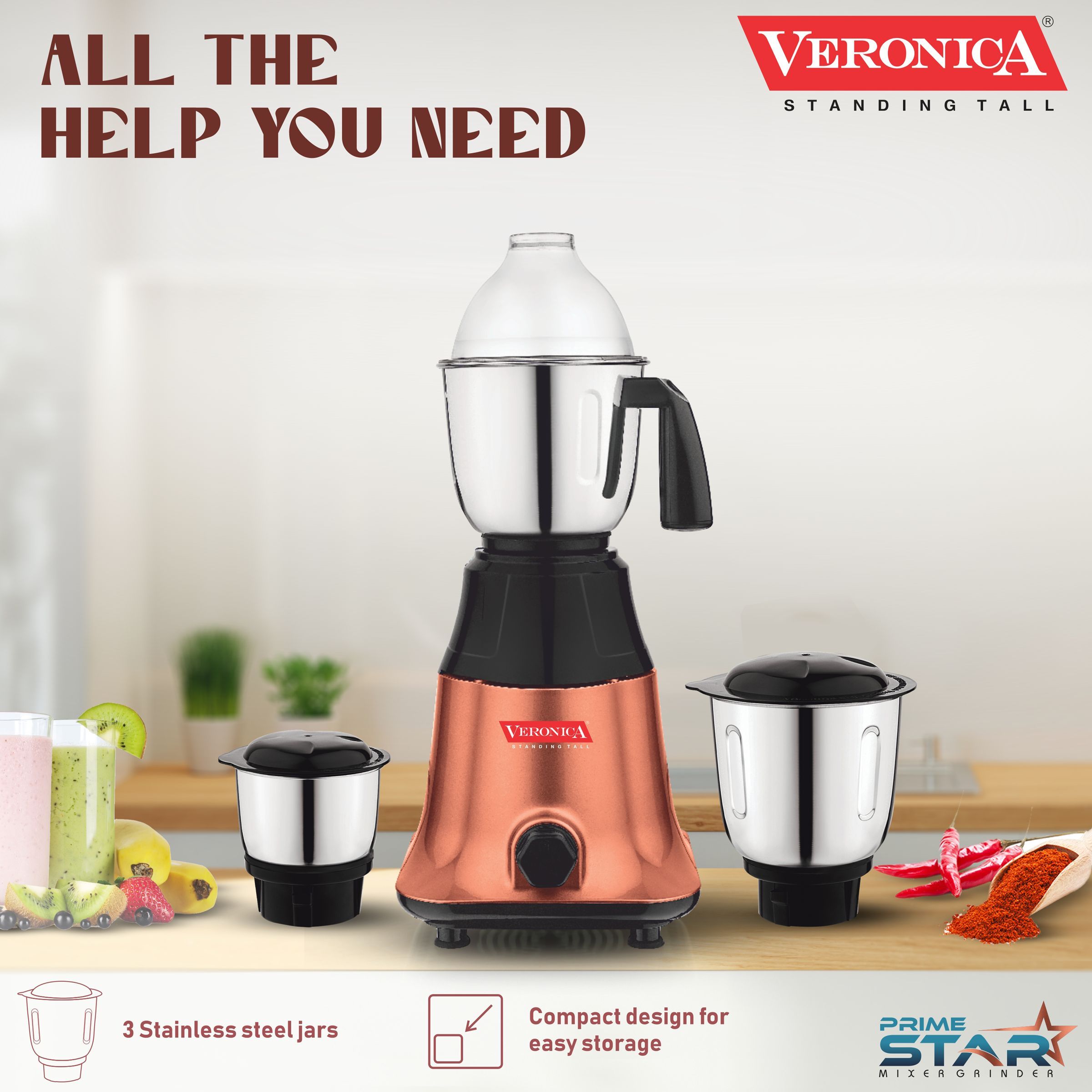 Veronica Prime Star 550 Watt 3 Jars Mixer Grinder (18000 RPM, Motor Overload Protection, Copper Black)_5