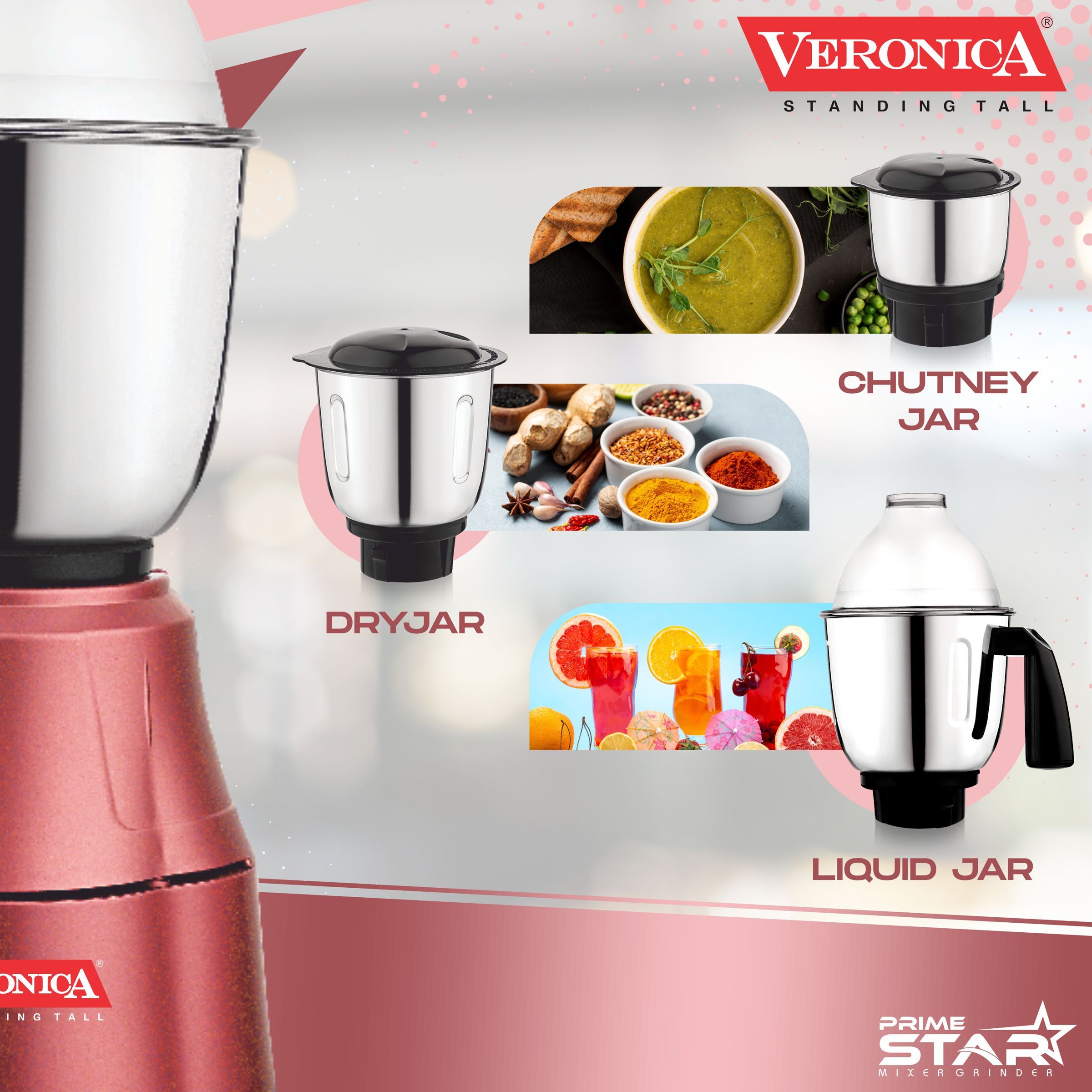 Veronica Prime Star 550 Watt 3 Jars Mixer Grinder (18000 RPM, Motor Overload Protection, Rose Black)_3
