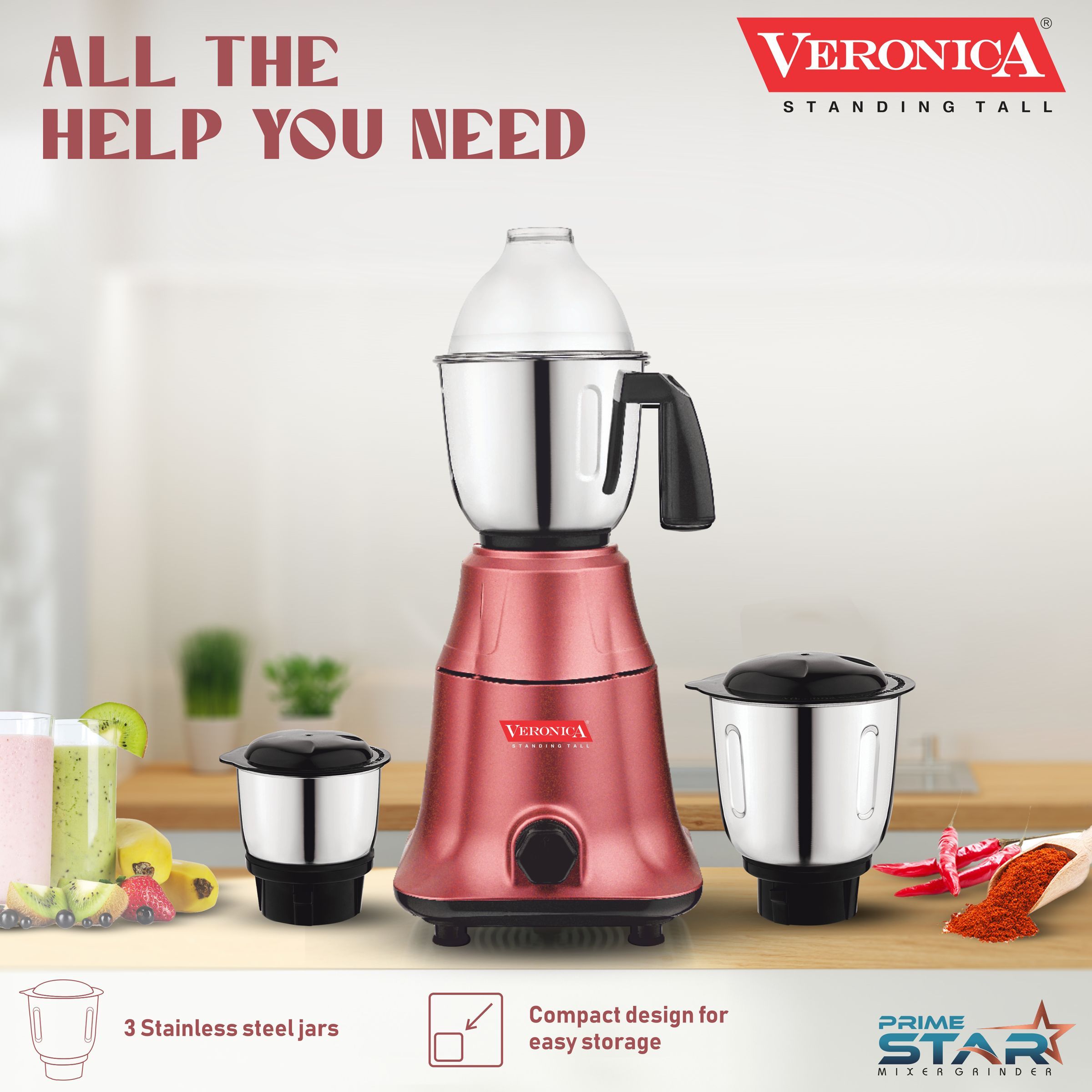 Veronica Prime Star 550 Watt 3 Jars Mixer Grinder (18000 RPM, Motor Overload Protection, Rose Black)_5