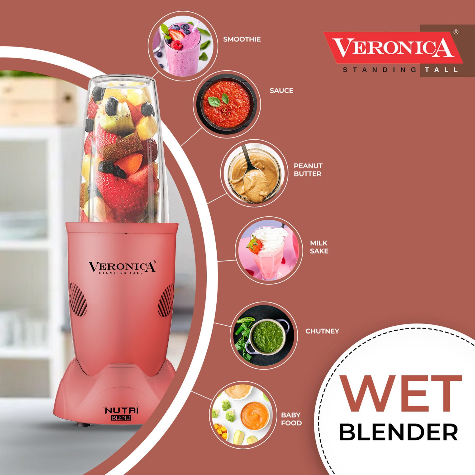 Veronica Nutriblend 500 Watt 2 Jars Mixer Grinder Blender (22000 RPM, Motor Overload Protector, Matte Pink)_2