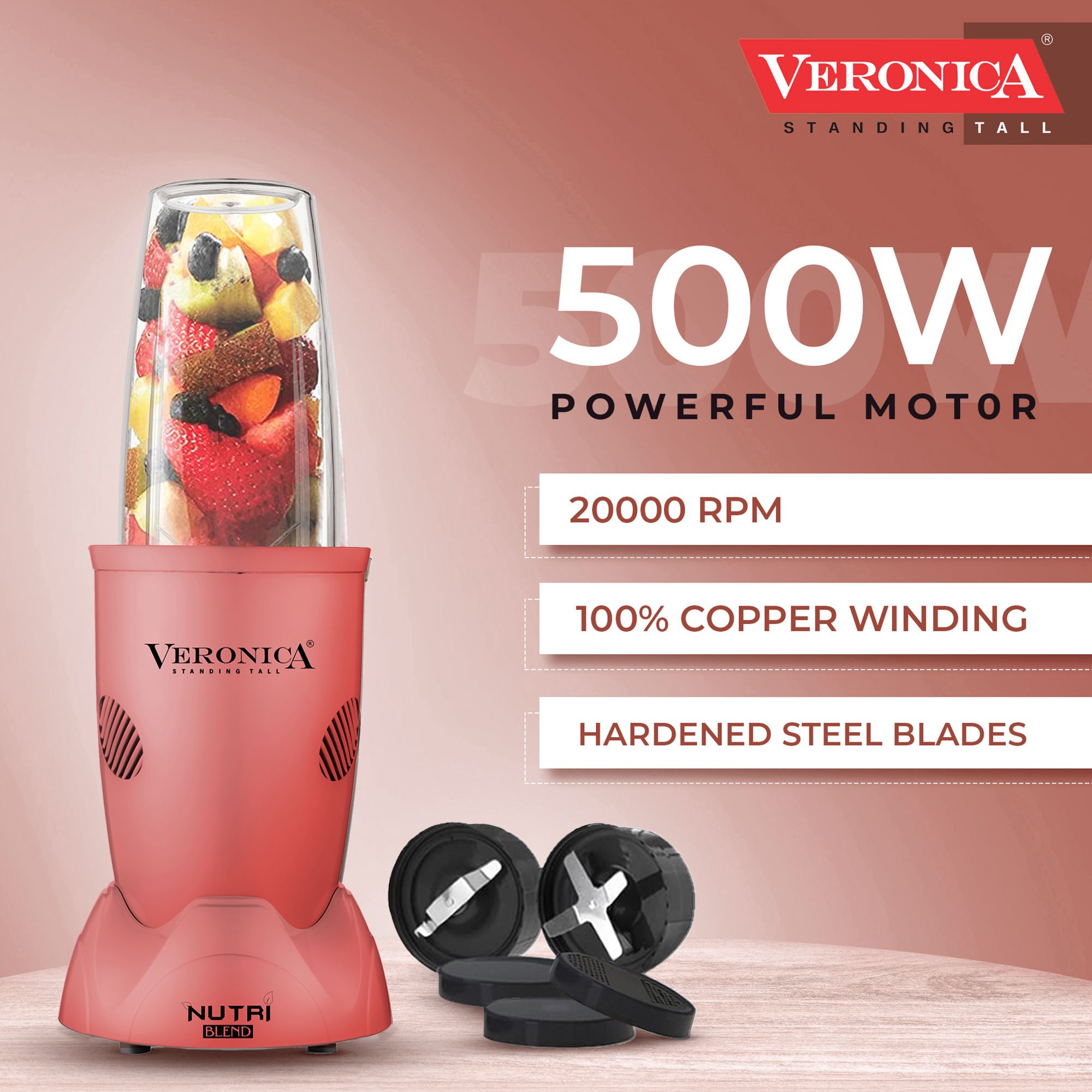 Veronica Nutriblend 500 Watt 2 Jars Mixer Grinder Blender (22000 RPM, Motor Overload Protector, Matte Pink)_5