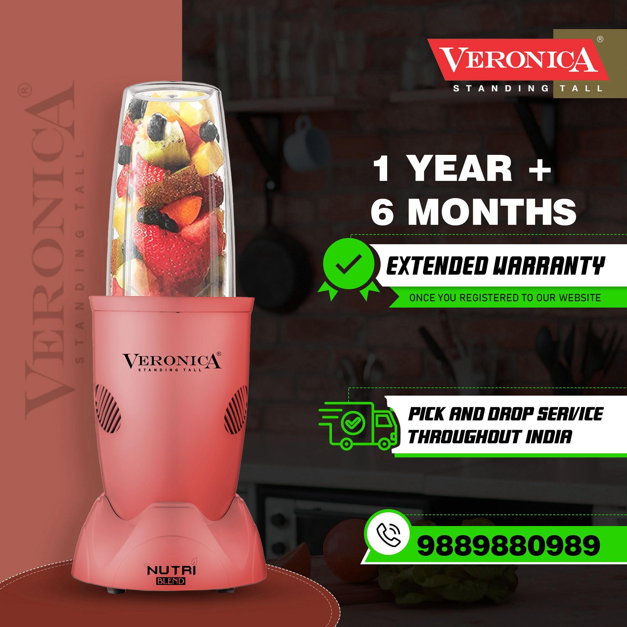 Veronica Nutriblend 500 Watt 2 Jars Mixer Grinder Blender (22000 RPM, Motor Overload Protector, Matte Pink)_6