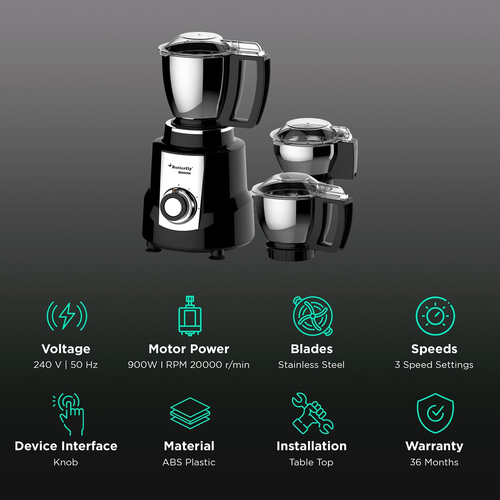 Butterfly Magnum 900 Watt 3 Jars Mixer Grinder (Hands Free Operation, Black)_2