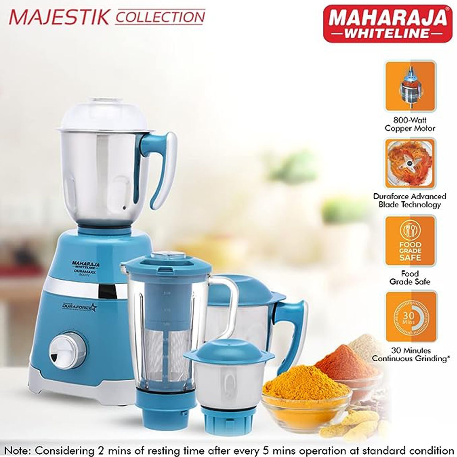 MAHARAJA WHITELINE Duramaxx 800 Watt 4 Jars Mixer Grinder (20000 RPM, Copper Motor, Turquoise Blue and Silver)_2