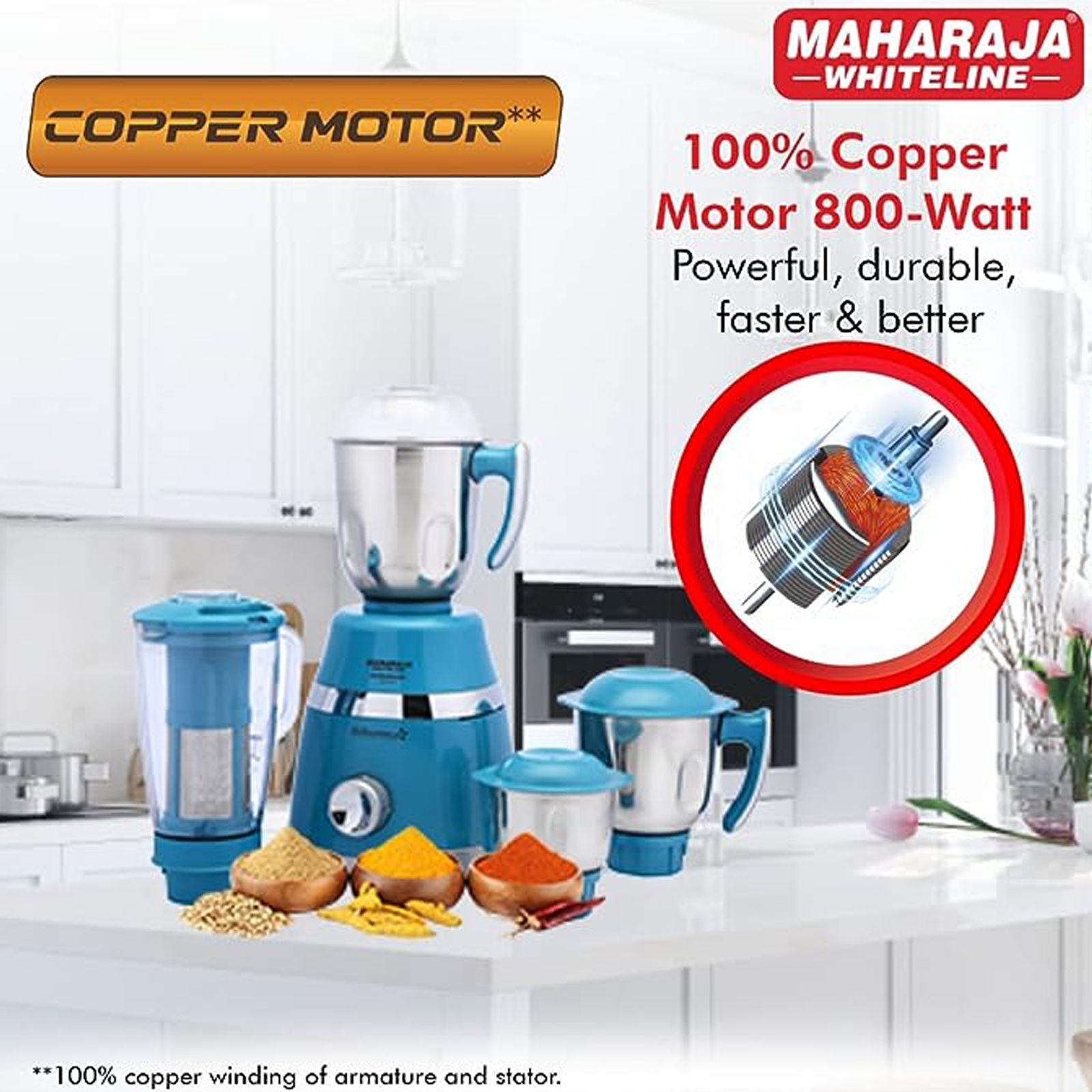 MAHARAJA WHITELINE Duramaxx 800 Watt 4 Jars Mixer Grinder (20000 RPM, Copper Motor, Turquoise Blue and Silver)_4