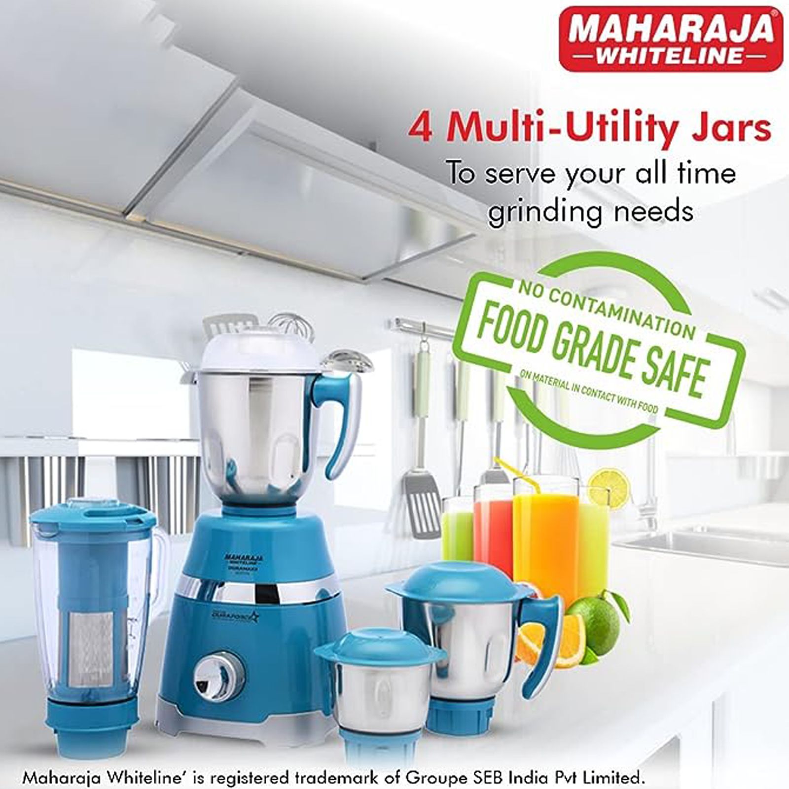 MAHARAJA WHITELINE Duramaxx 800 Watt 4 Jars Mixer Grinder (20000 RPM, Copper Motor, Turquoise Blue and Silver)_5