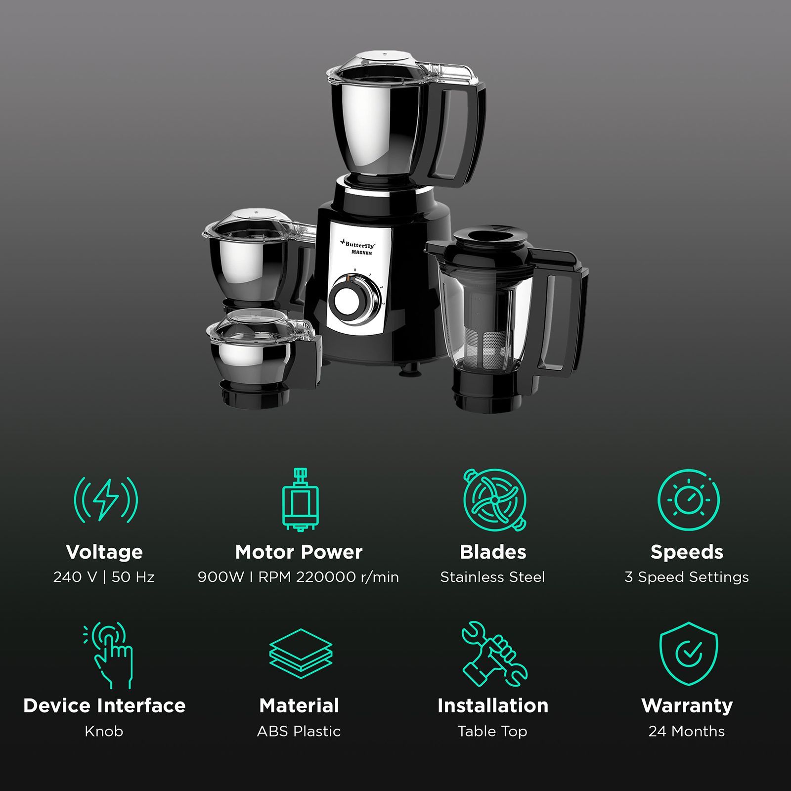 Butterfly Magnum 900 Watt 4 Jars Mixer Grinder (22000 RPM, Spill Proof, Black)_2