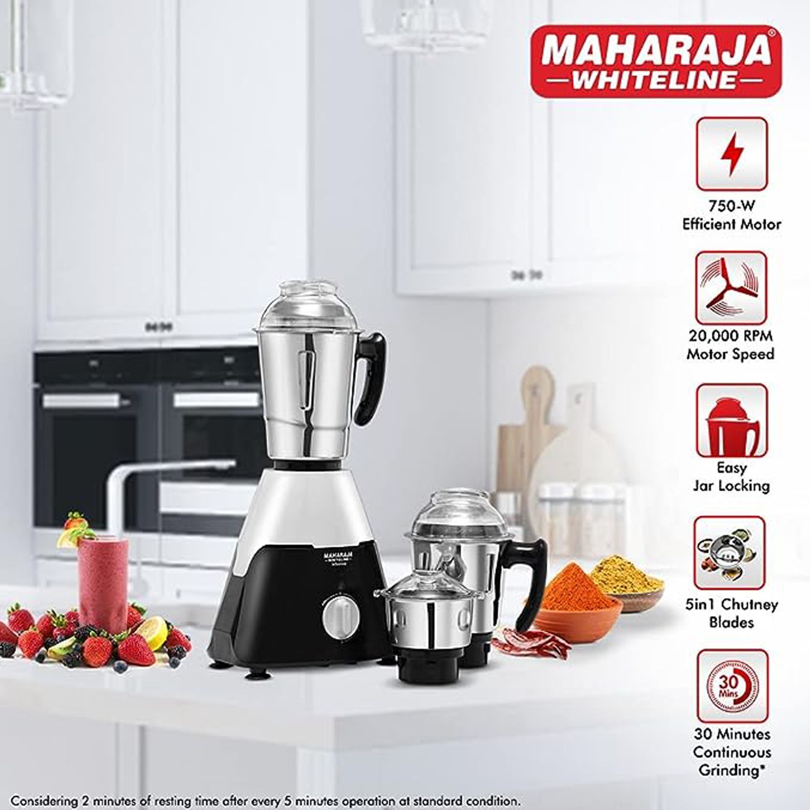 MAHARAJA WHITELINE Infimax DLX 750 Watt 3 Jars Mixer Grinder (20000 RPM, Air Ventilation System, Black and Silver)_2