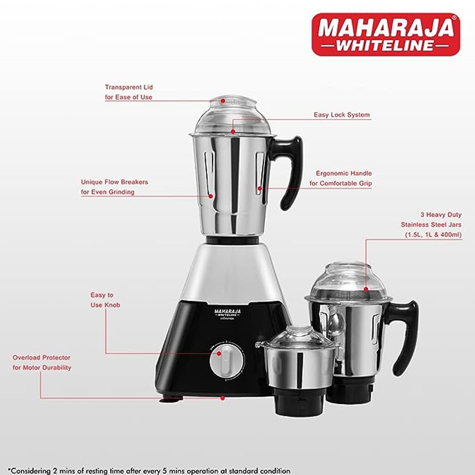 MAHARAJA WHITELINE Infimax DLX 750 Watt 3 Jars Mixer Grinder (20000 RPM, Air Ventilation System, Black and Silver)_4
