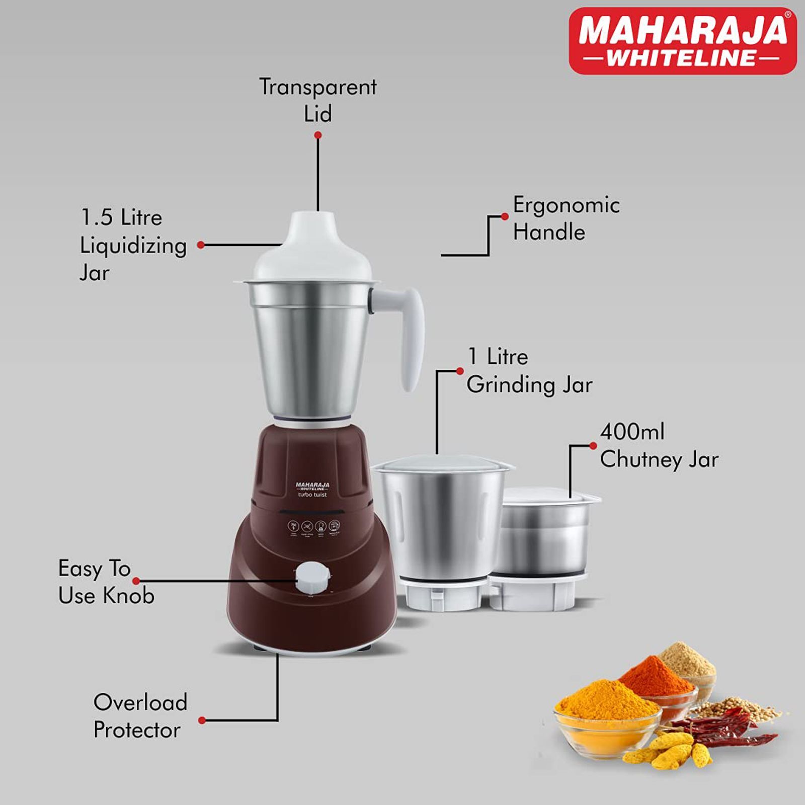 MAHARAJA WHITELINE Turbo Twist 750 Watt 3 Jars Mixer Grinder (20000 RPM, Air Ventilation System, Burgundy and White)_2
