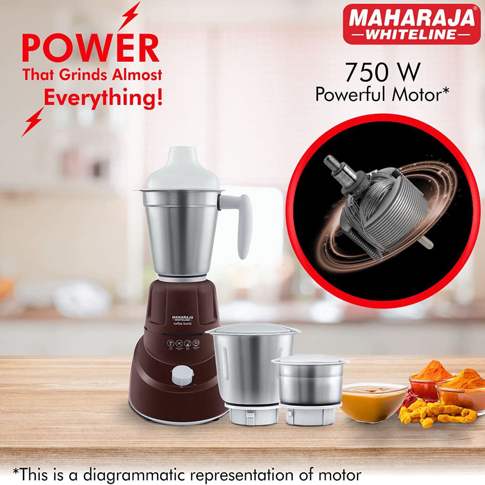 MAHARAJA WHITELINE Turbo Twist 750 Watt 3 Jars Mixer Grinder (20000 RPM, Air Ventilation System, Burgundy and White)_3