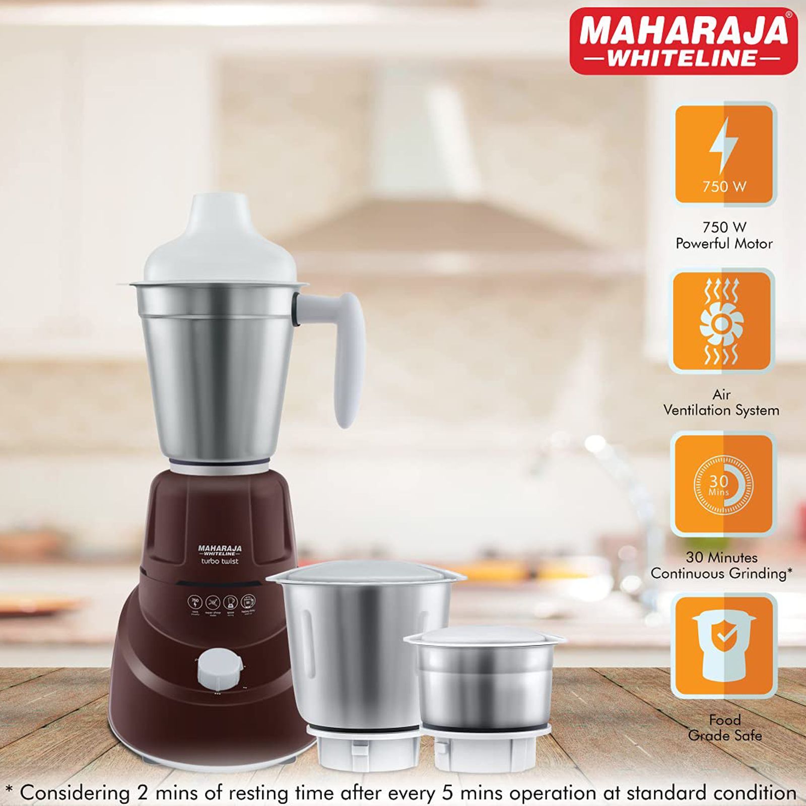 MAHARAJA WHITELINE Turbo Twist 750 Watt 3 Jars Mixer Grinder (20000 RPM, Air Ventilation System, Burgundy and White)_4