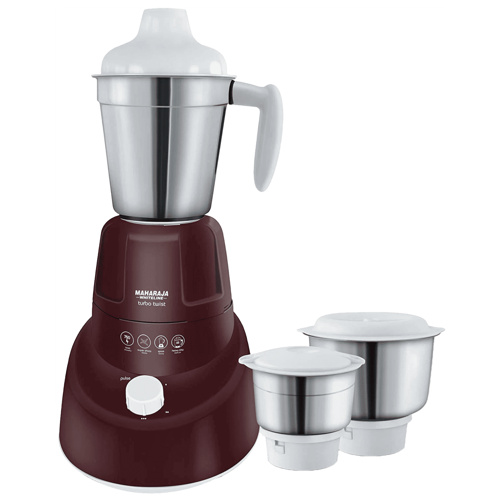 MAHARAJA WHITELINE Turbo Twist 750 Watt 3 Jars Mixer Grinder (20000 RPM, Air Ventilation System, Burgundy and White)_1