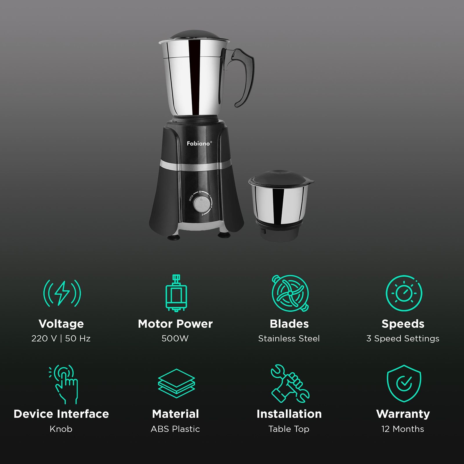 Fabiano FAB-MG-Bliss 500 Watt 2 Jars Juicer Mixer Grinder (Black)_2