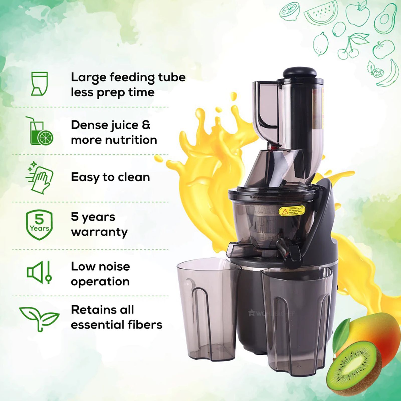 WONDERCHEF Regalia 240 Watt 2 Jars Cold Press Slow Juicer (55 RPM, Powerful and Nutritional, Black)_10