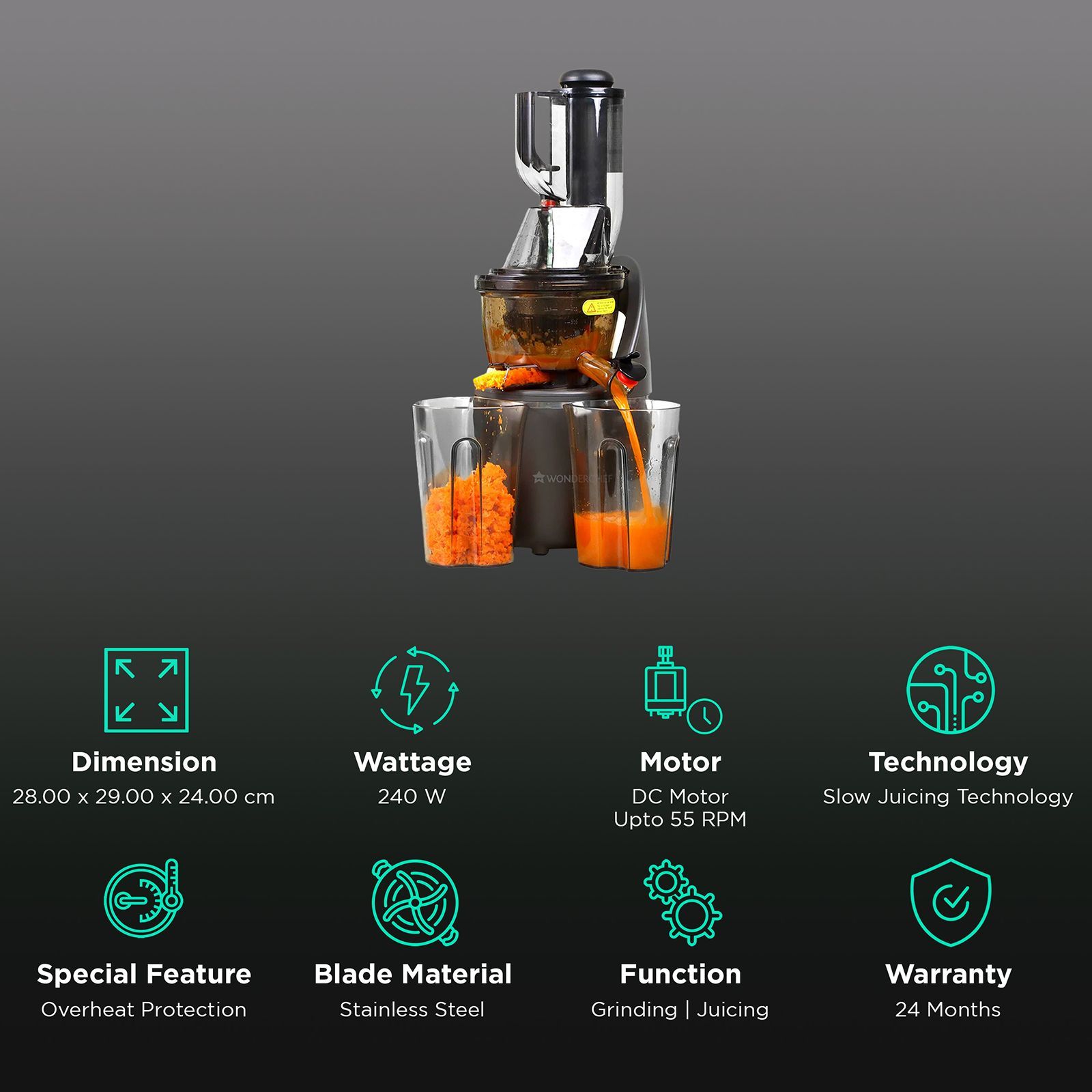 WONDERCHEF Regalia 240 Watt 2 Jars Cold Press Slow Juicer (55 RPM, Powerful and Nutritional, Black)_2