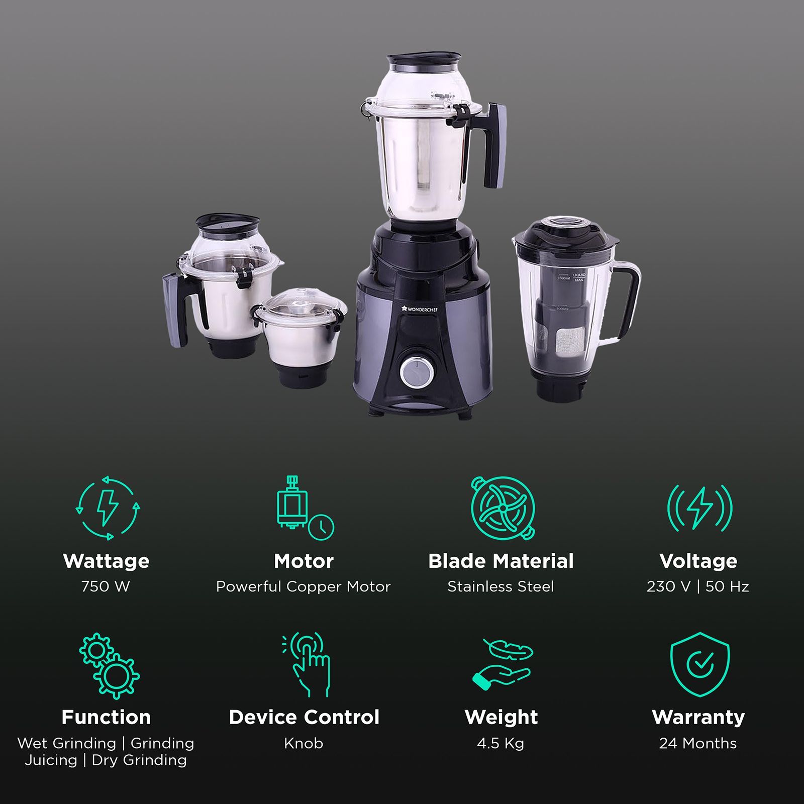 WONDERCHEF Galaxy 750 Watt 4 Jars Mixer Grinder (Powerful Copper Motor, Black and Grey)_2