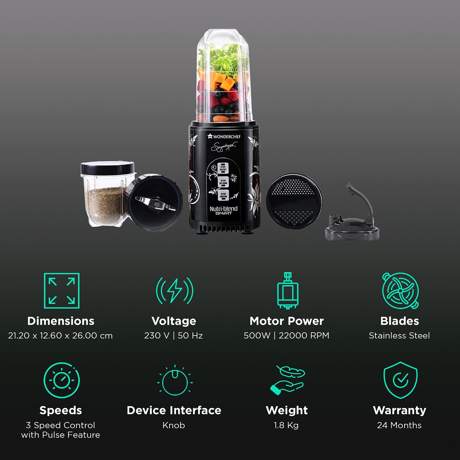 WONDERCHEF Nutri Blend 500 Watt 2 Jars Mixer Grinder (22000 RPM, Copper Motor, Black)_2