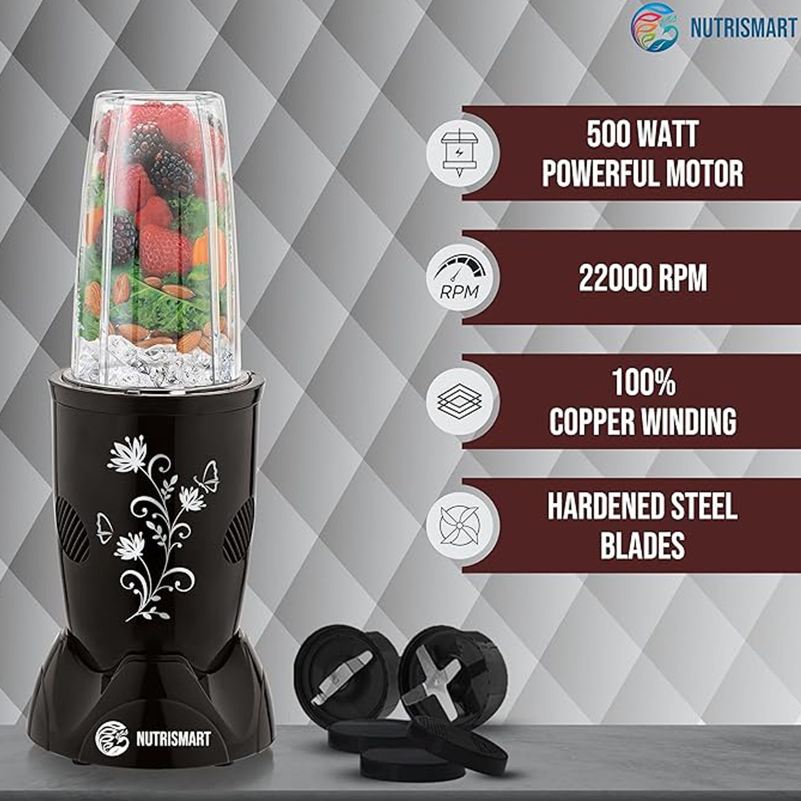 Nutrismart NS Bullet 500 Watt 2 Jars Mixer Grinder Blender (22000 RPM, Copper Winding, Black)_4