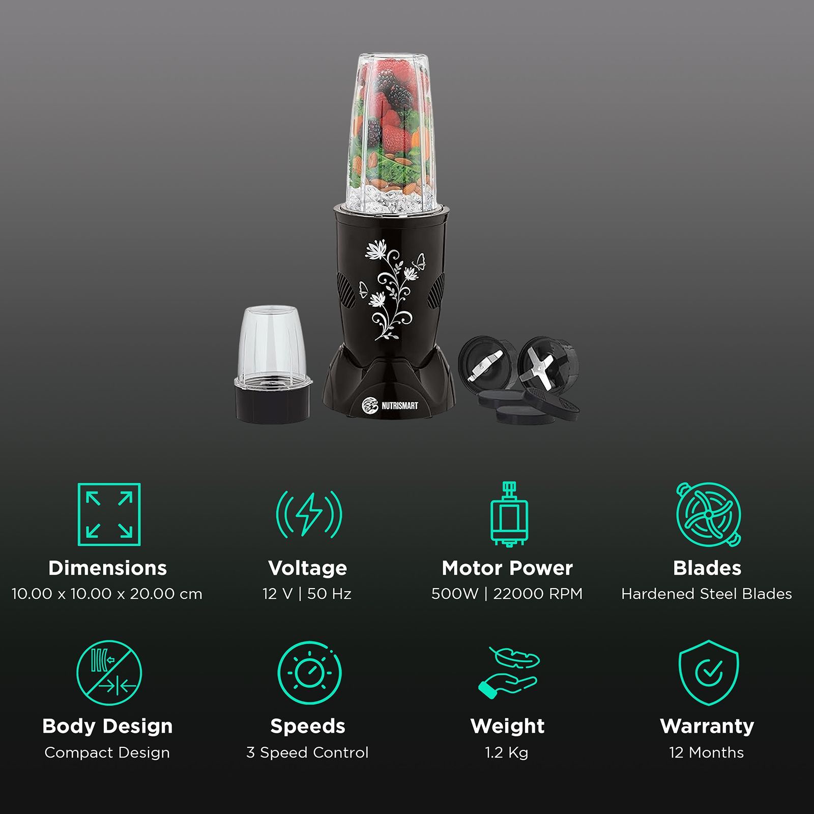 Nutrismart NS Bullet 500 Watt 2 Jars Mixer Grinder Blender (22000 RPM, Copper Winding, Black)_2