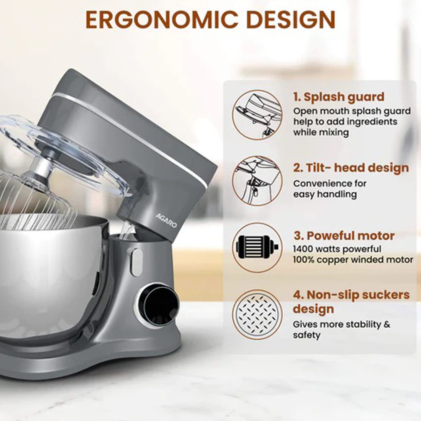 AGARO Elegant 1400 Watt 10 Speed Stand Mixer with 3 Attachments (Pulse Function, Dark Grey)_4