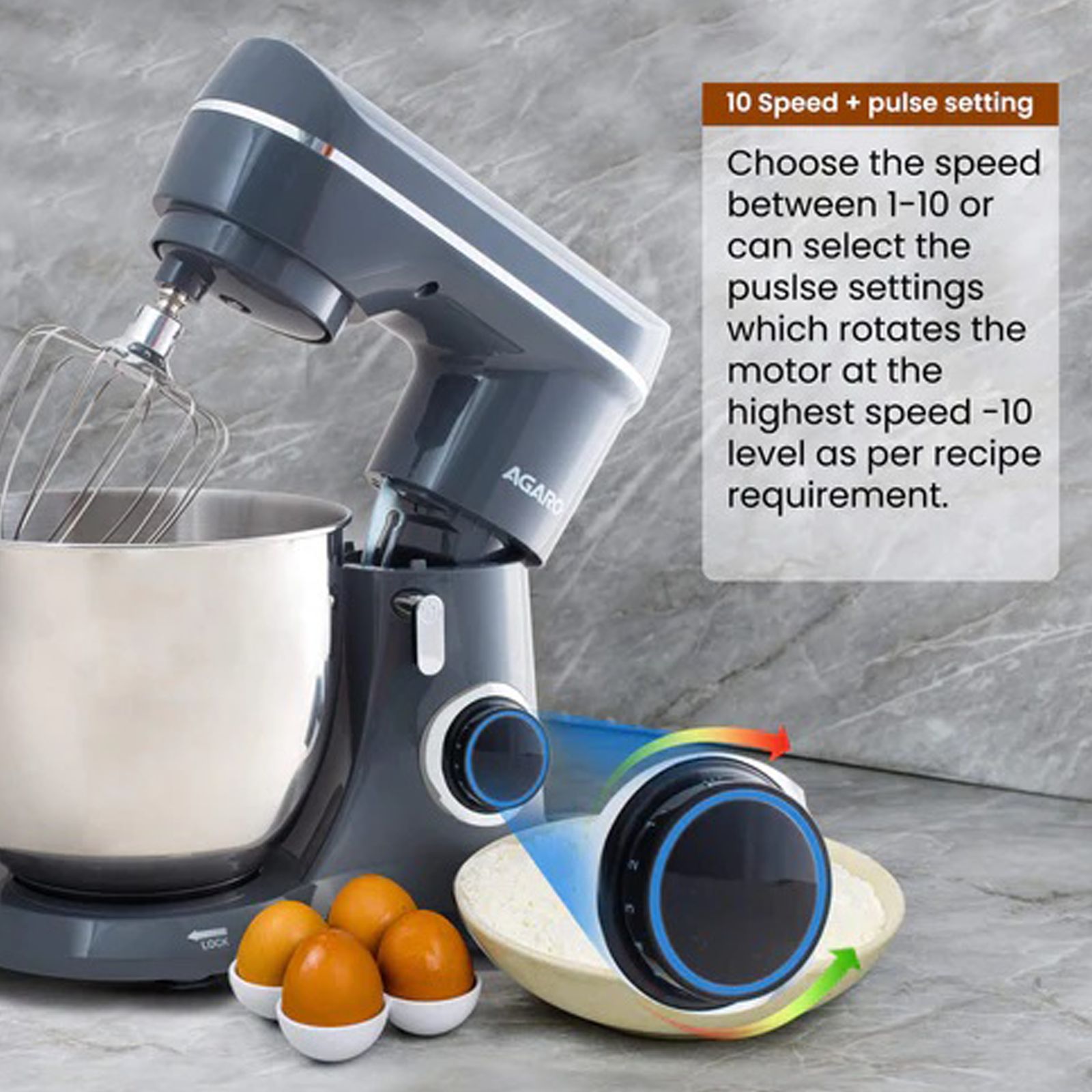 AGARO Elegant 1400 Watt 10 Speed Stand Mixer with 3 Attachments (Pulse Function, Dark Grey)_7