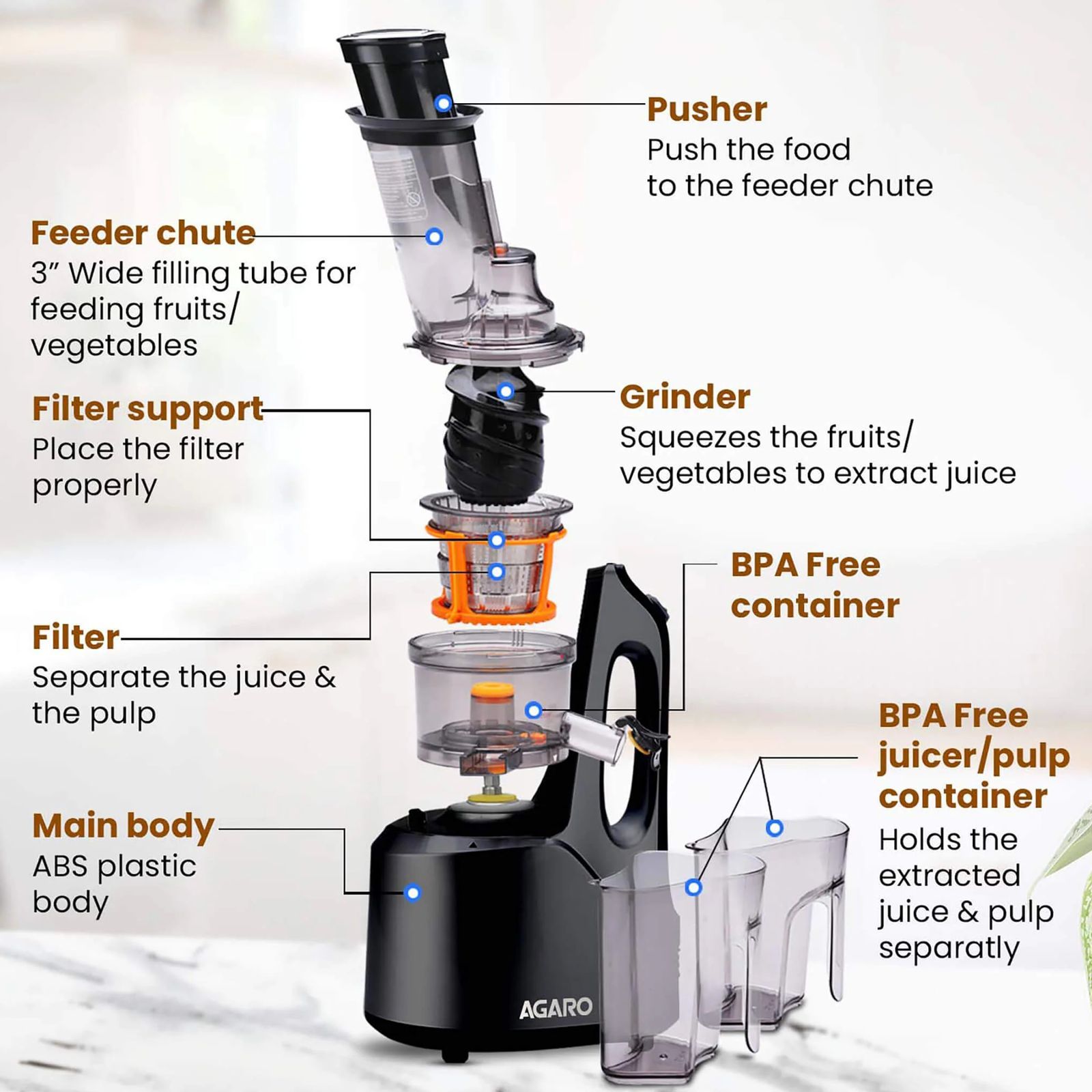 AGARO Royal 240 Watt 2 Jars Cold Press Slow Juicer (65 RPM, 120 Minutes Runtime, Black) AGARO Royal 240 Watt 2 Jars Cold Press Slow Juicer (65 RPM, 120 Minutes Runtime, Black)_2