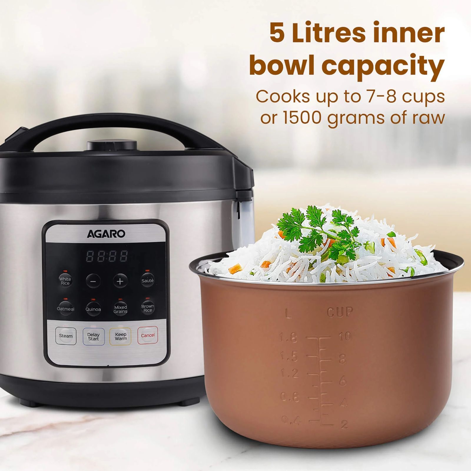 AGARO Royal 5 Litre Electric Rice Cooker with Keep Warm Function (Silver)_4