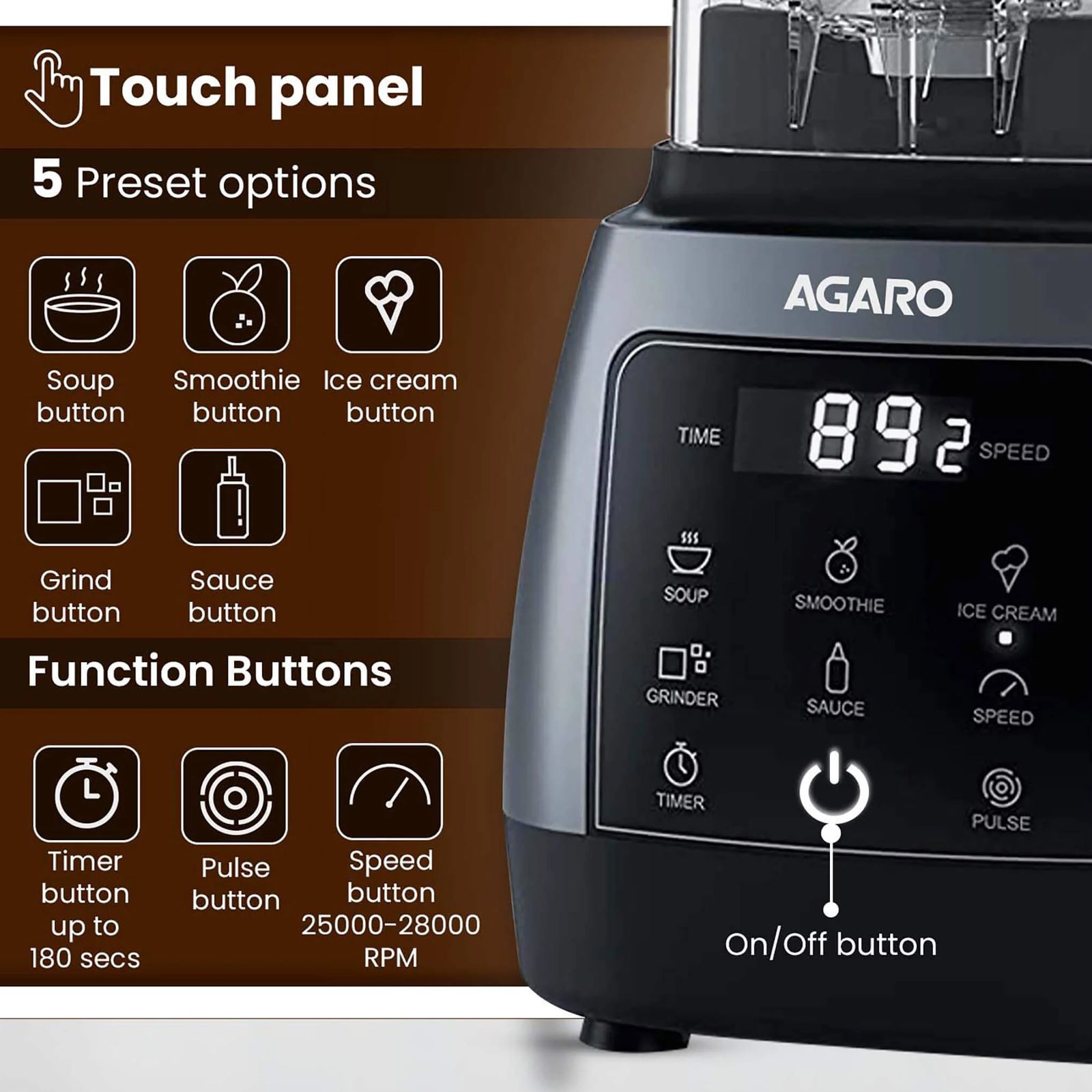 AGARO Royal 2000 Watt 2 Jars Mixer Grinder Blender (Powerful Copper Motor, Black)_2