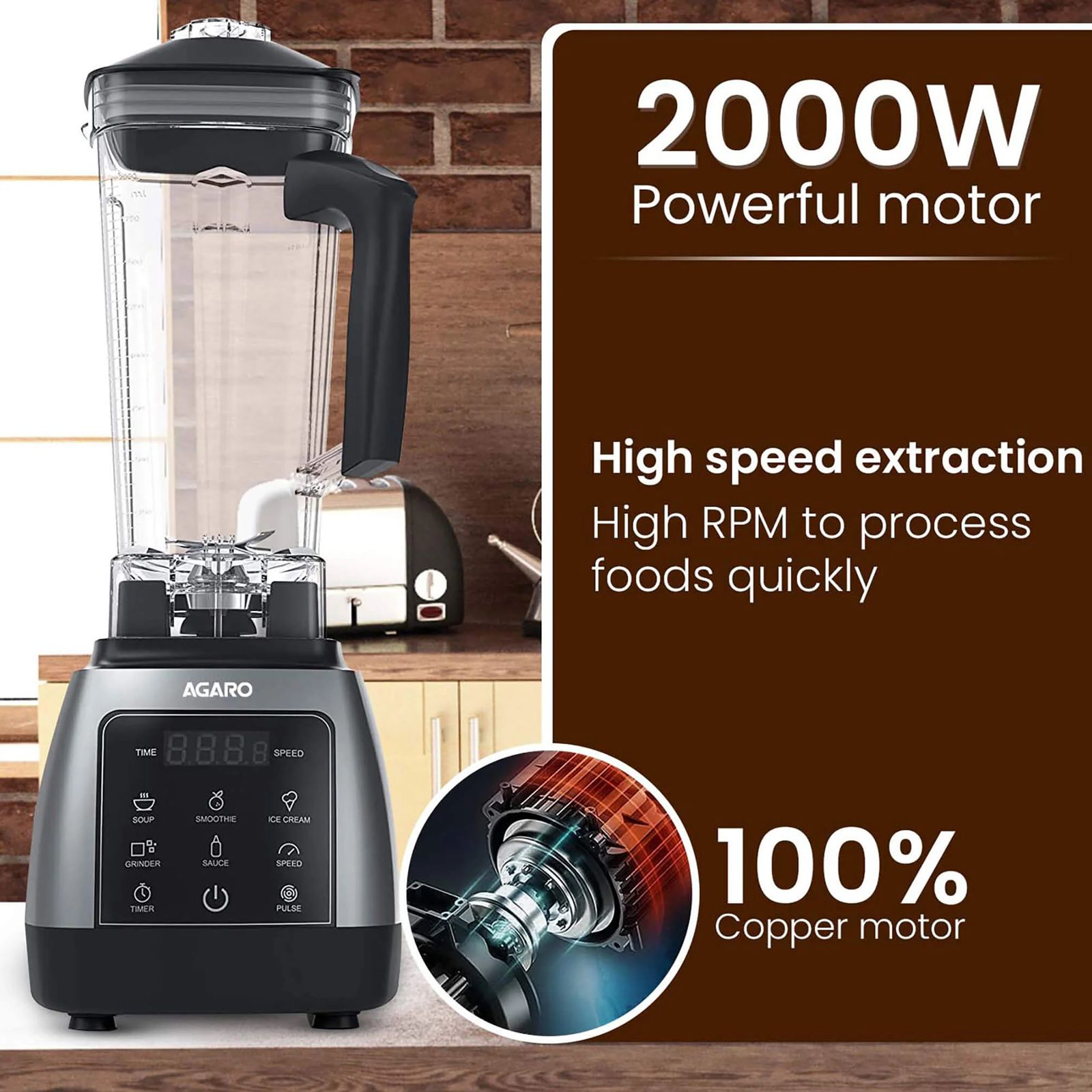 AGARO Royal 2000 Watt 2 Jars Mixer Grinder Blender (Powerful Copper Motor, Black)_3