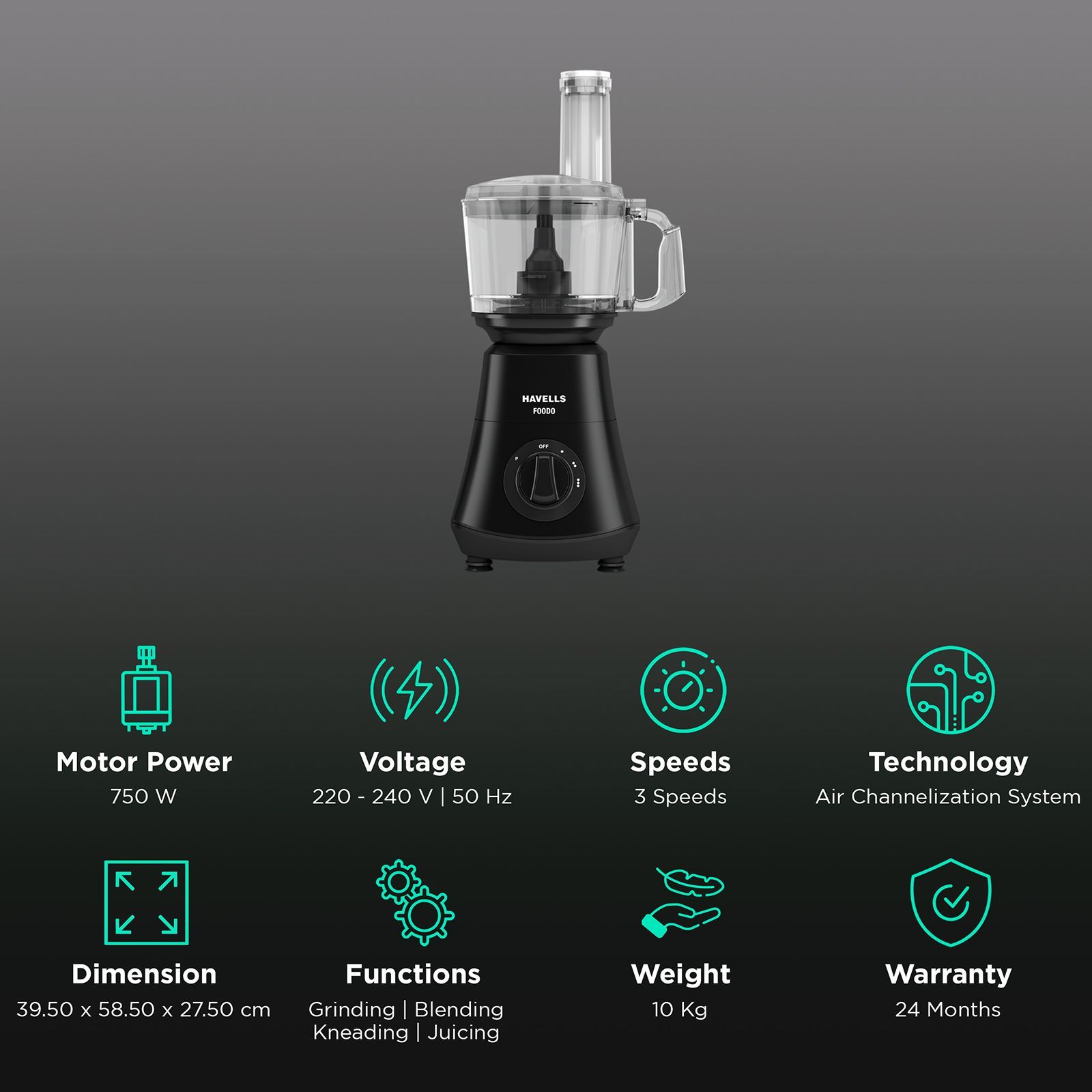 HAVELLS Foodo 750 Watt Food Processor with 10 Blades (Black) HAVELLS Foodo 750 Watt Food Processor with 10 Blades (Black)_2