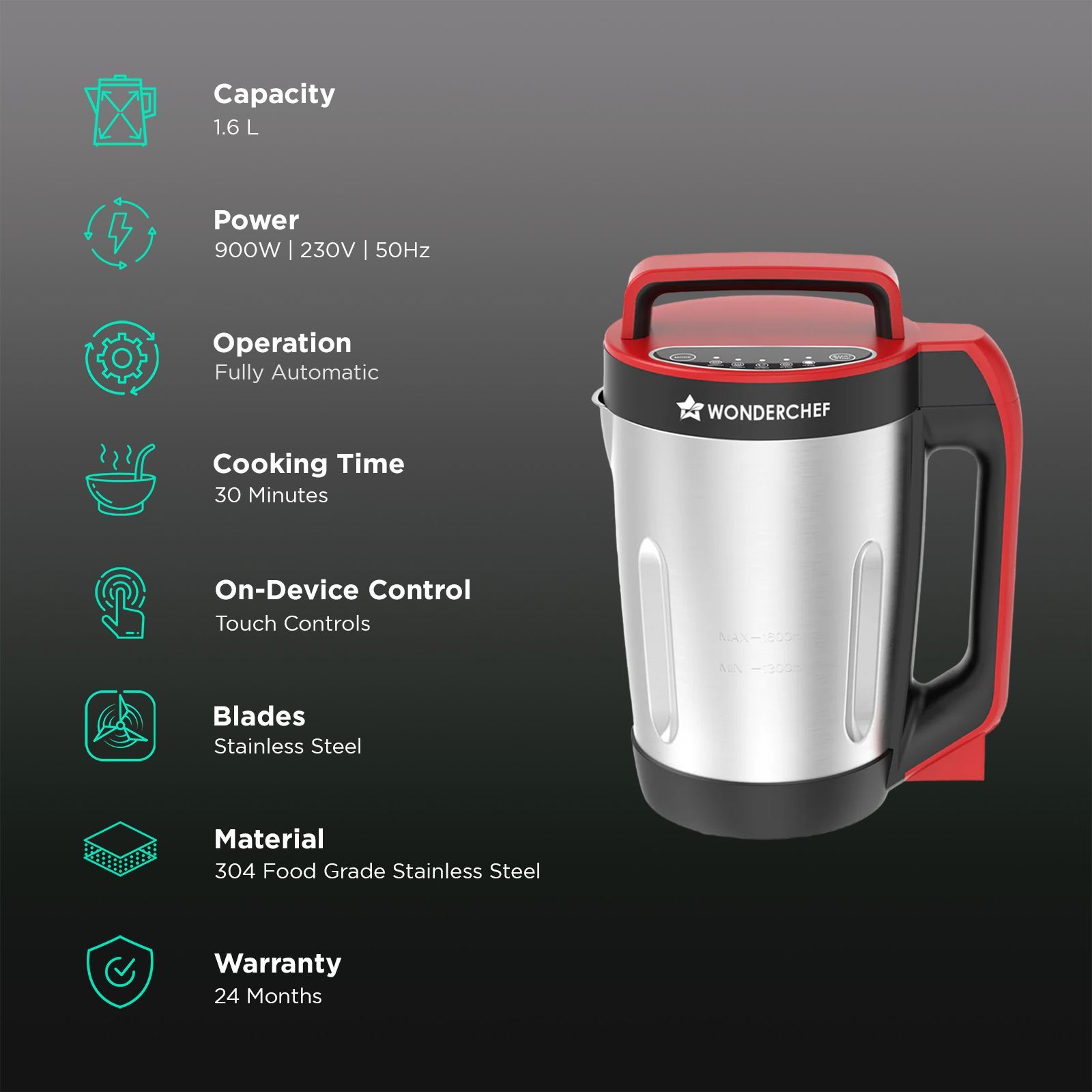 WONDERCHEF Neo 900 Watt 1.6 Litre Soup Maker with 5 Preset Functions (Red & Black) WONDERCHEF Neo 900 Watt 1.6 Litre Soup Maker with 5 Preset Functions (Red & Black)_2