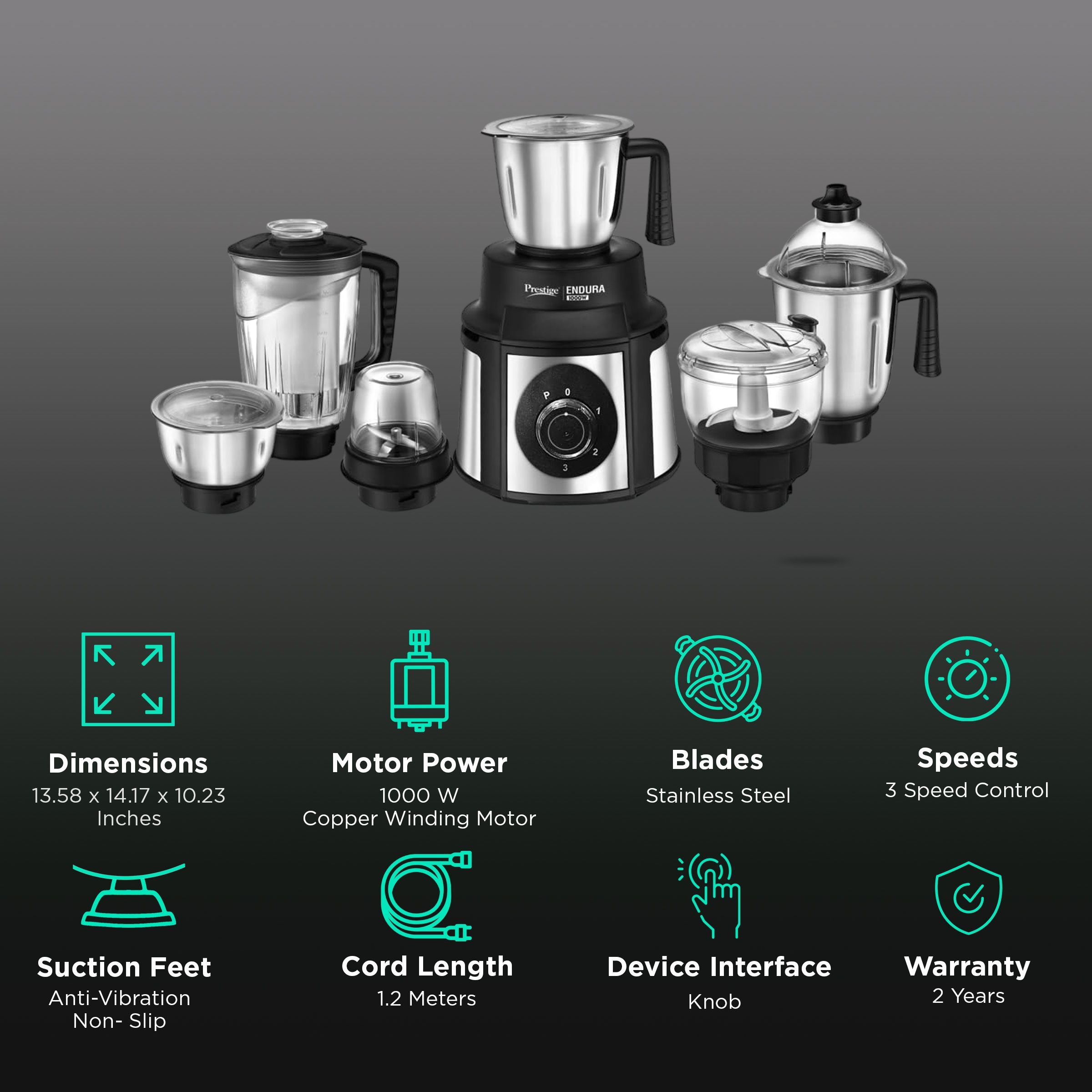 Prestige Endura 1000 Watt 6 Jars Mixer Grinder (Copper Motor, Black & Silver) Prestige Endura 1000 Watt 6 Jars Mixer Grinder (Copper Motor, Black & Silver)_2