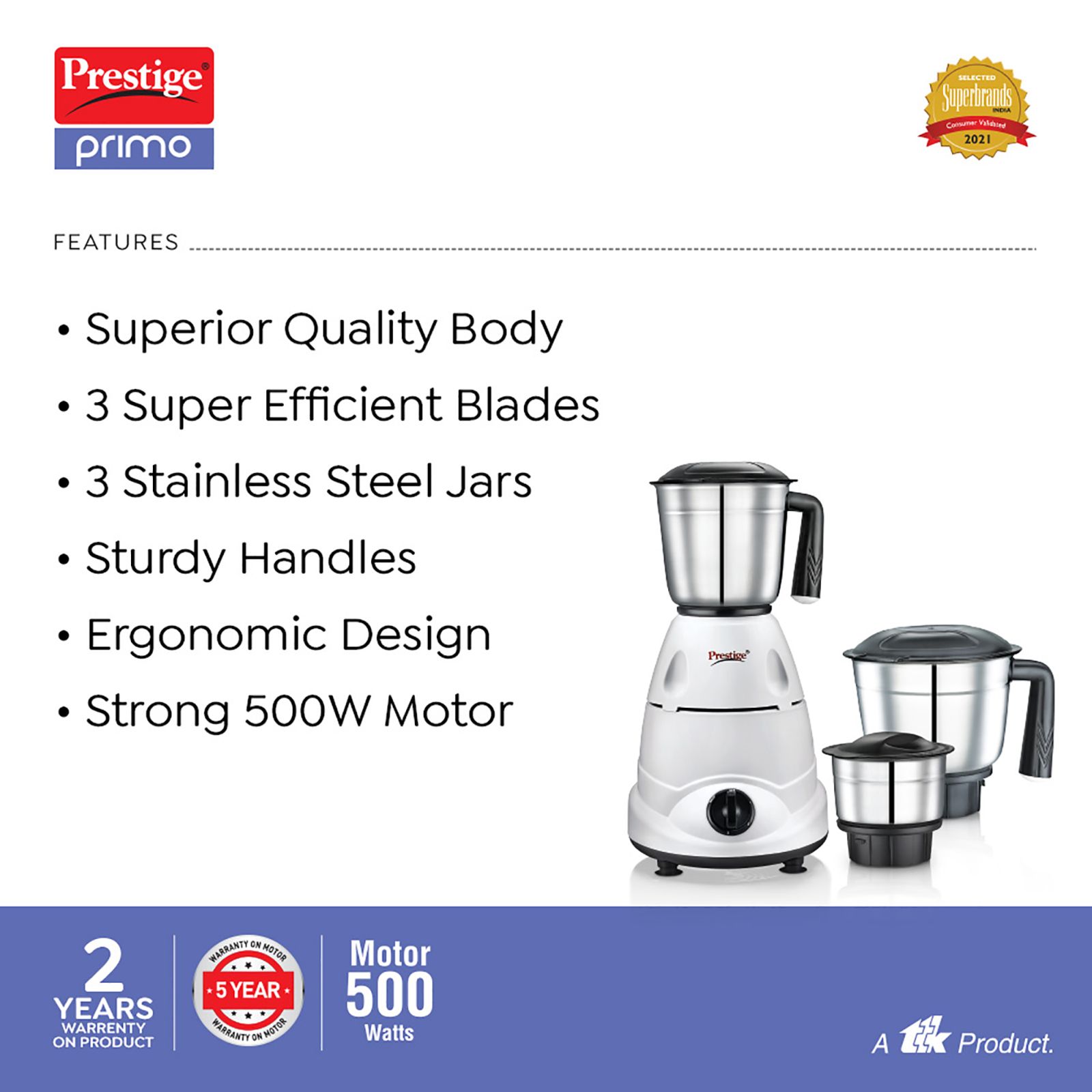 Prestige Primo 500 Watt 3 Jars Mixer Grinder (Ergonomic Design, White and Black)_5
