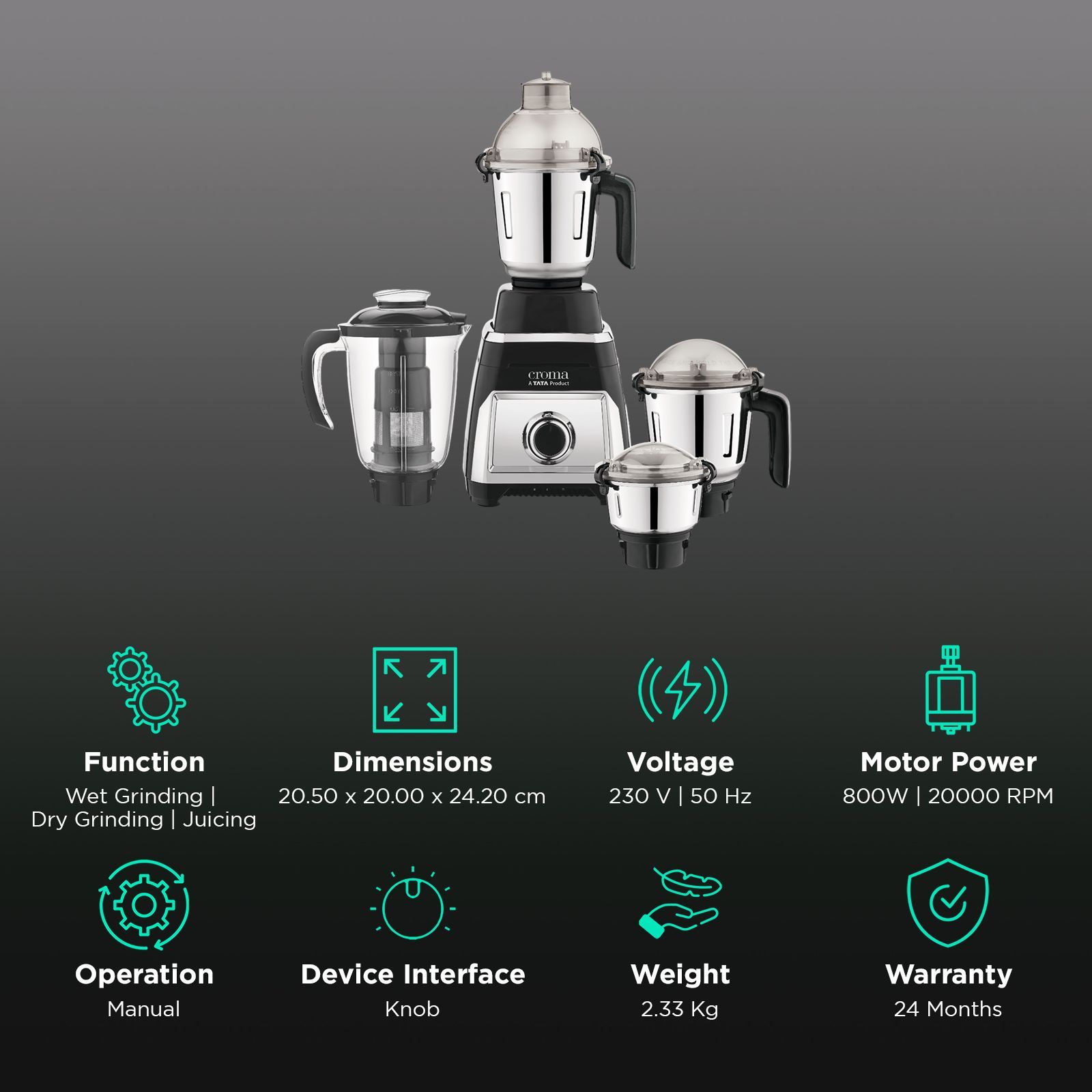 Croma 800 Watt 4 Jars Juicer Mixer Grinder (20000 RPM, Copper Motor, Black & Silver)_2